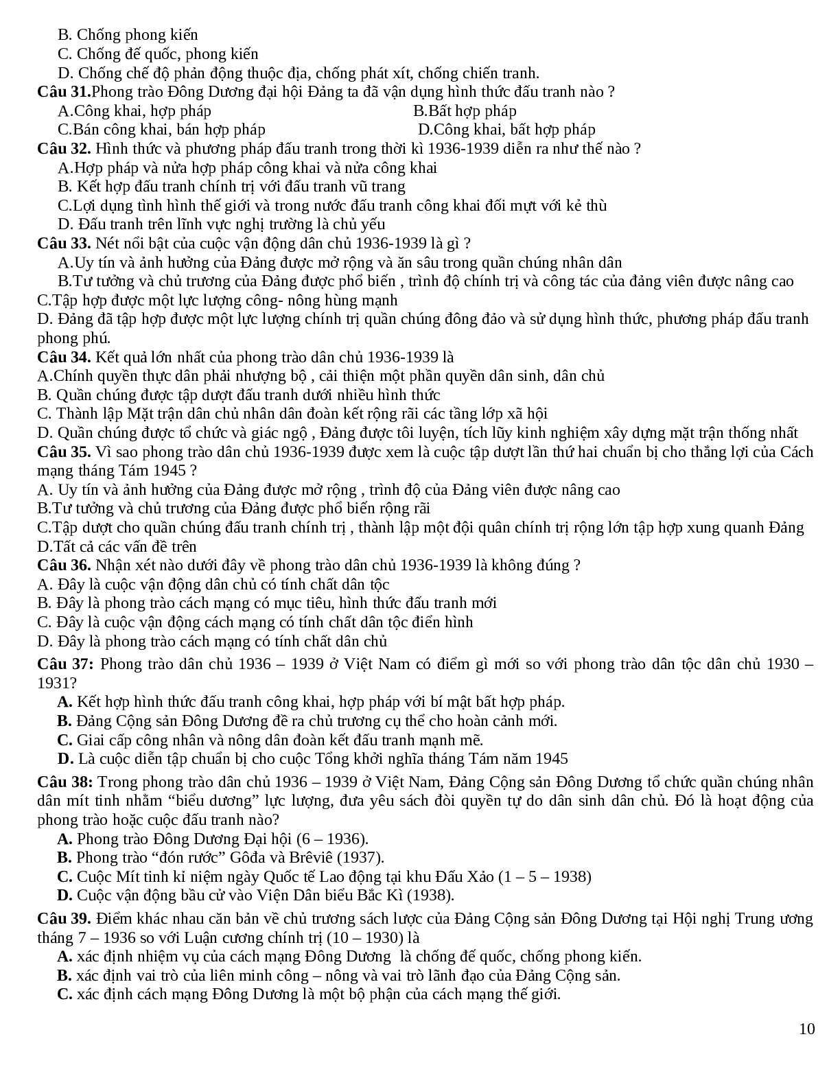 Trắc nghiệm Lịch Sử 12 Lịch Sử Việt Nam giai đoạn 1930 - 2000 chọn lọc (trang 10)