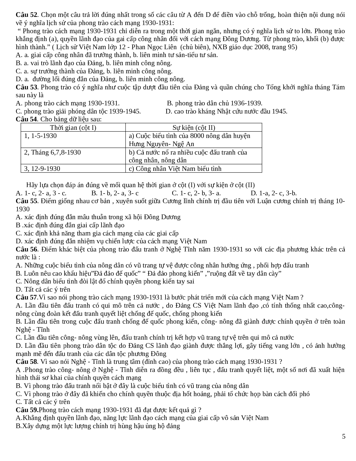 Trắc nghiệm Lịch Sử 12 Lịch Sử Việt Nam giai đoạn 1930 - 2000 chọn lọc (trang 5)