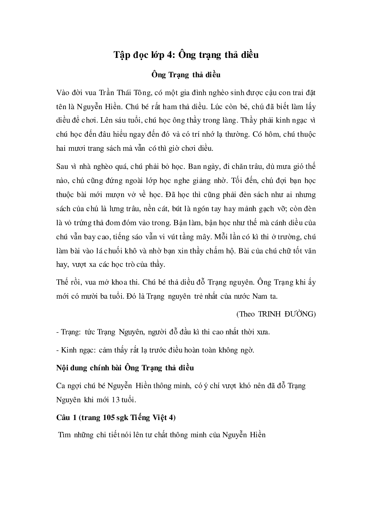 Soạn Tiếng Việt lớp 4: Tập đọc: Ông Trạng thả diều mới nhất (trang 1)