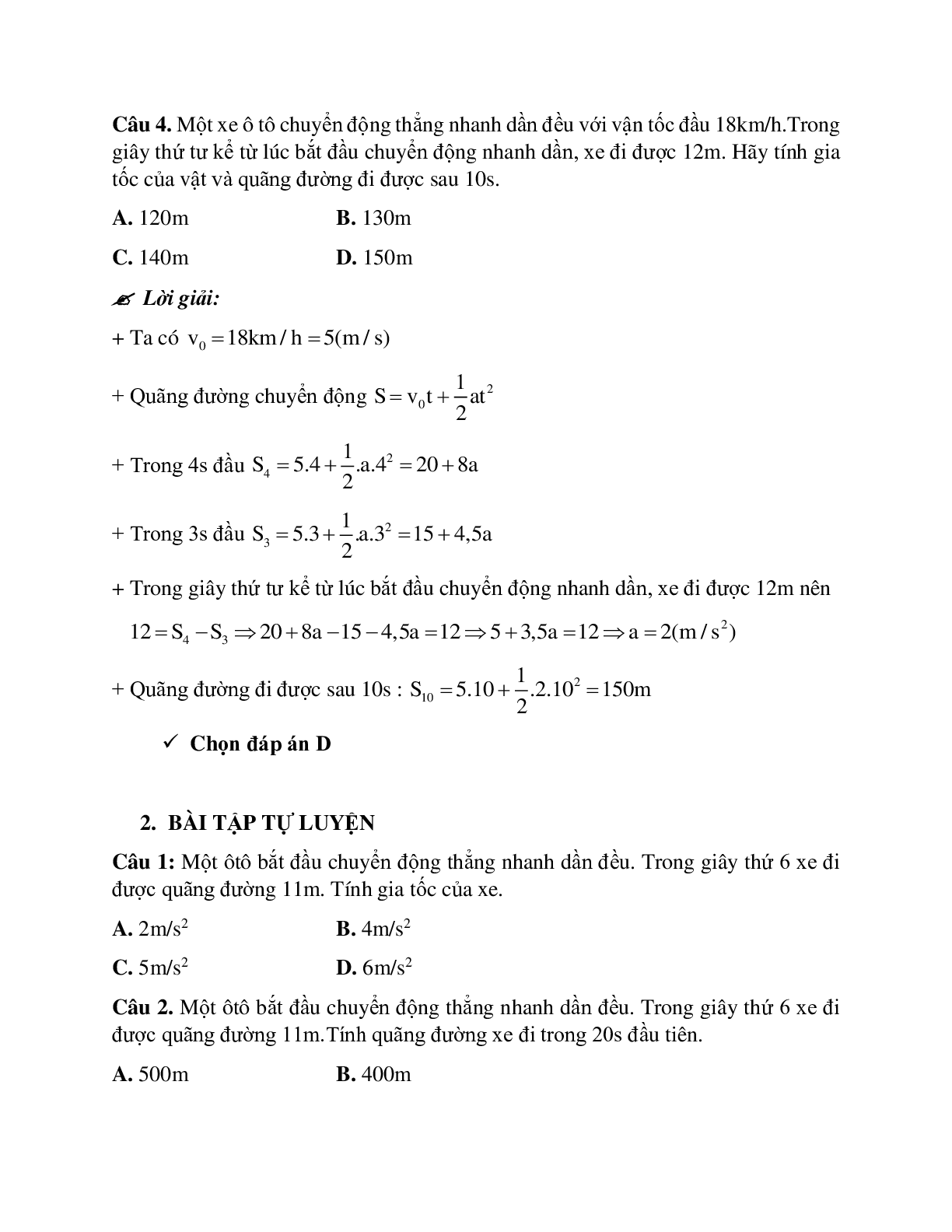 Phương pháp giải và bài tập về Tính quãng đường vật đi được trong giây thứ n và trong n giây cuối trong chuyển động biến đổi đều (trang 3)