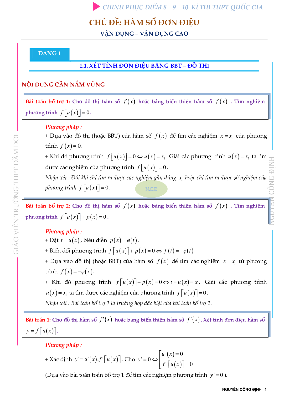 Bài toán VD – VDC về tính đơn điệu của hàm số (trang 1)