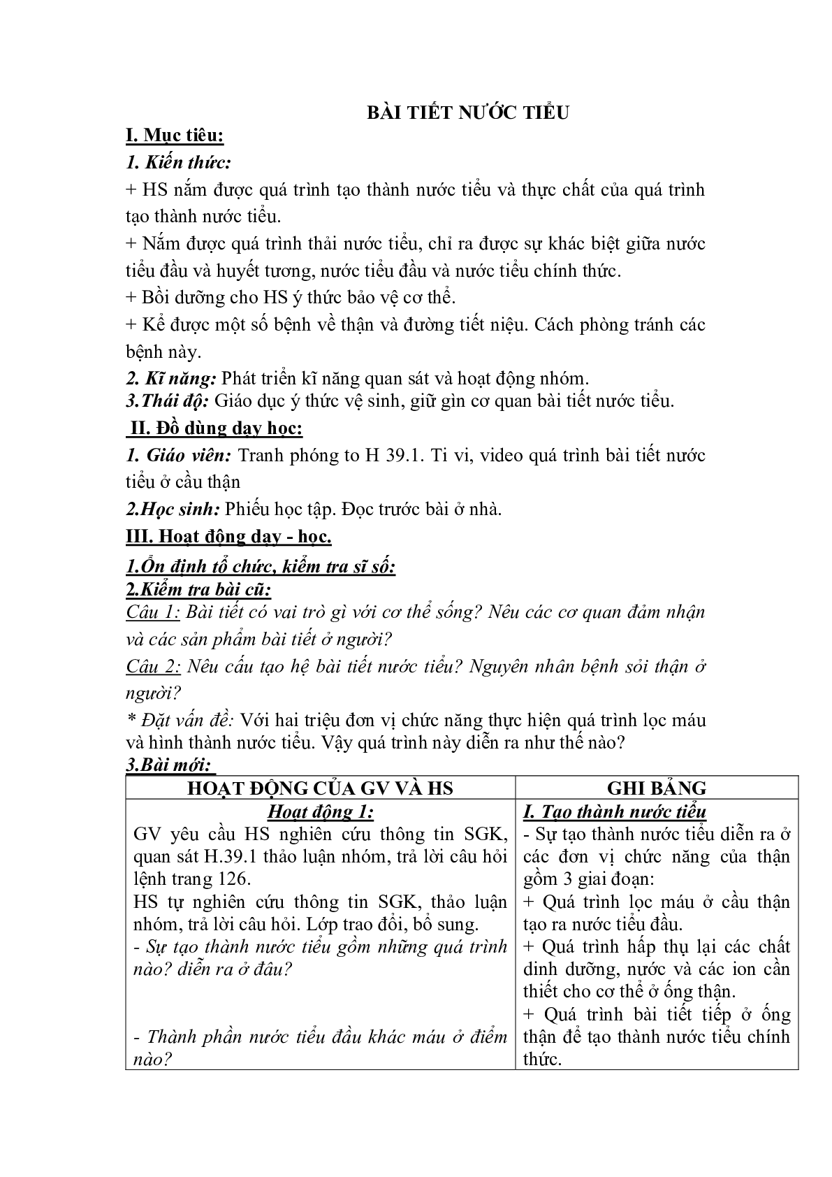 Giáo án Sinh học 8 Bài 39: Bài tiết nước tiểu mới, chuẩn nhất (trang 1)