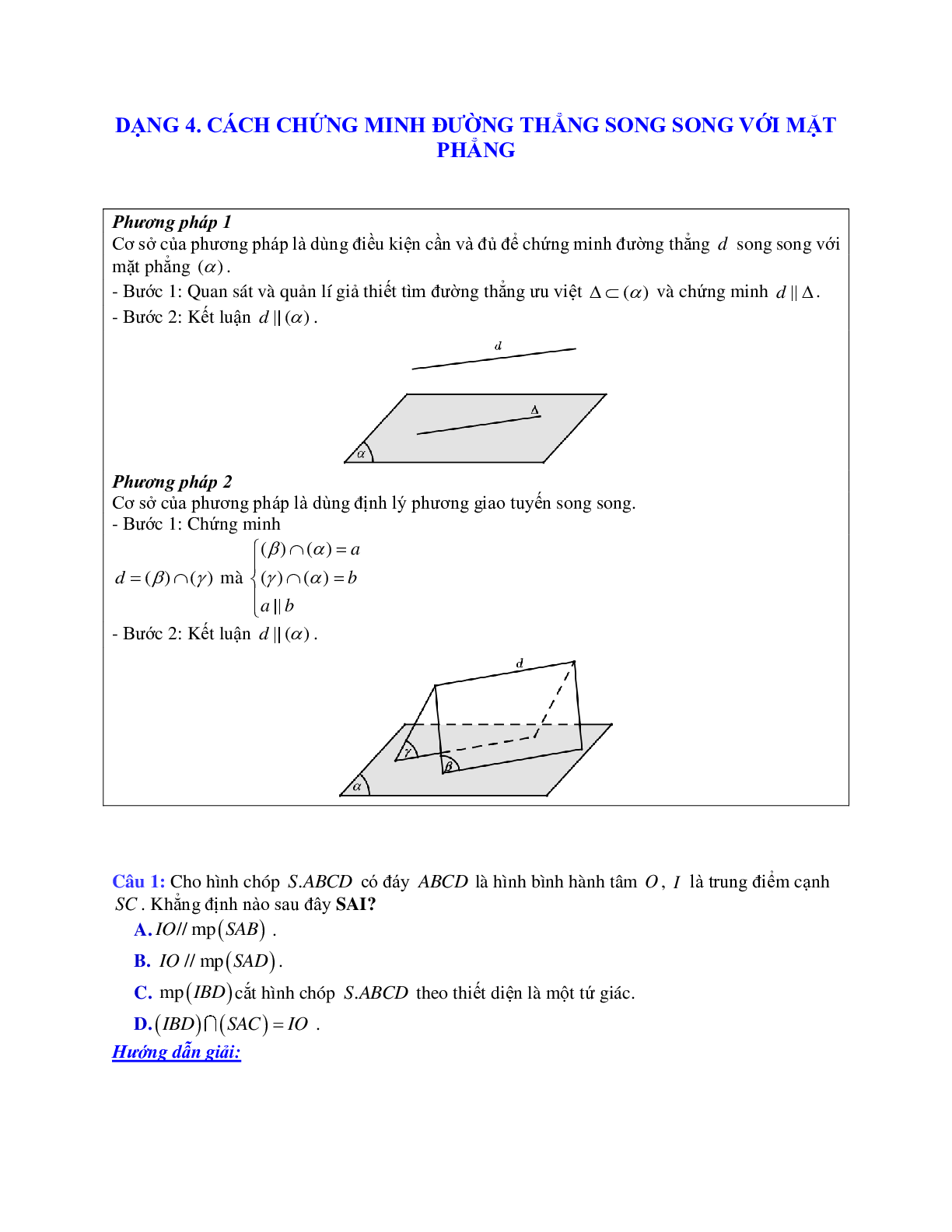 Phương pháp giải và bài tập về Cách chứng minh đường thẳng song song với mặt phẳng (trang 1)