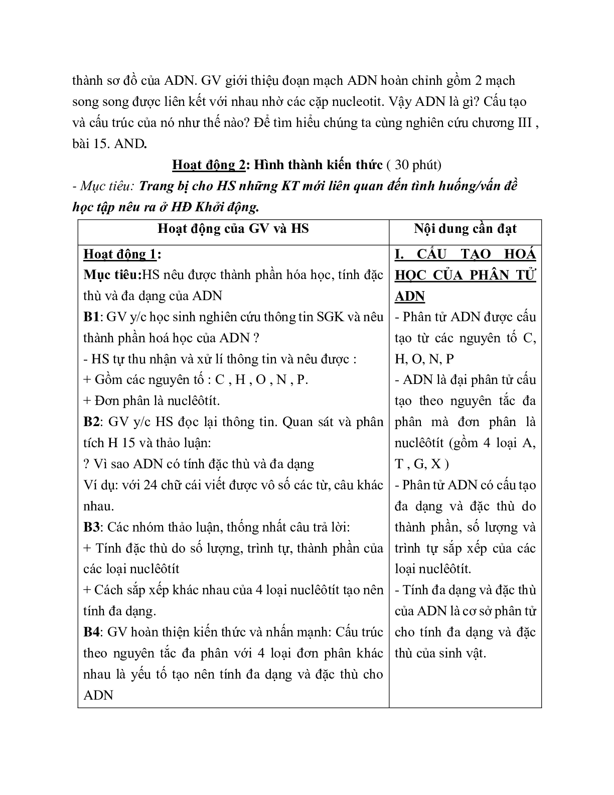 Giáo án Sinh học 9 Bài 15: ADN mới nhất - CV5512 (trang 2)
