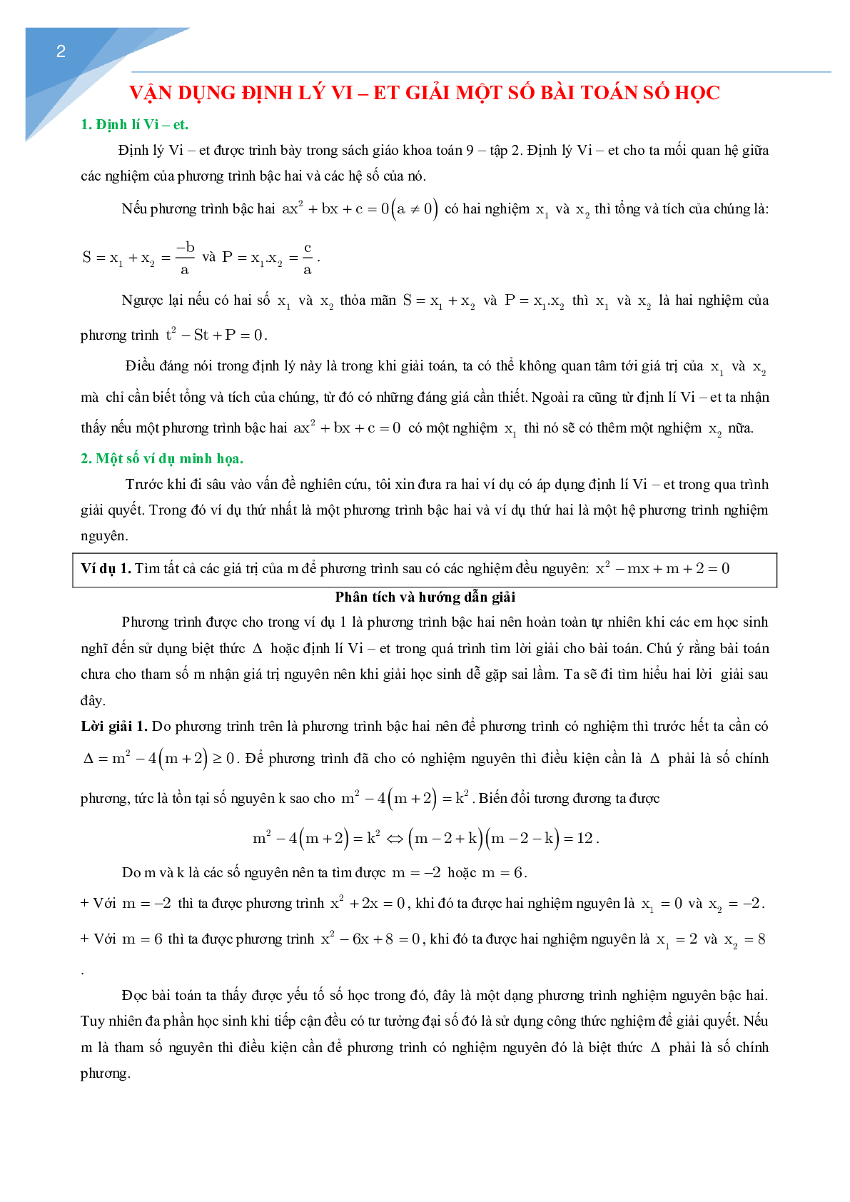 Vận dụng định lý Vi-et giải một số bài toán số học (trang 2)