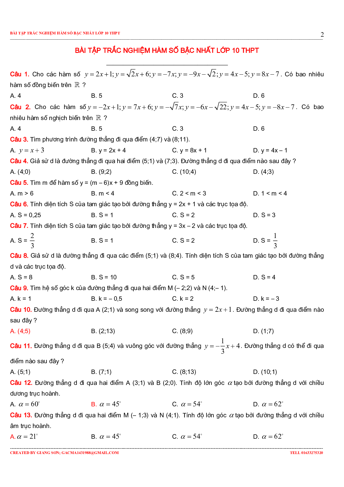 229 bài tập trắc nghiệm hàm số bậc nhất (trang 2)