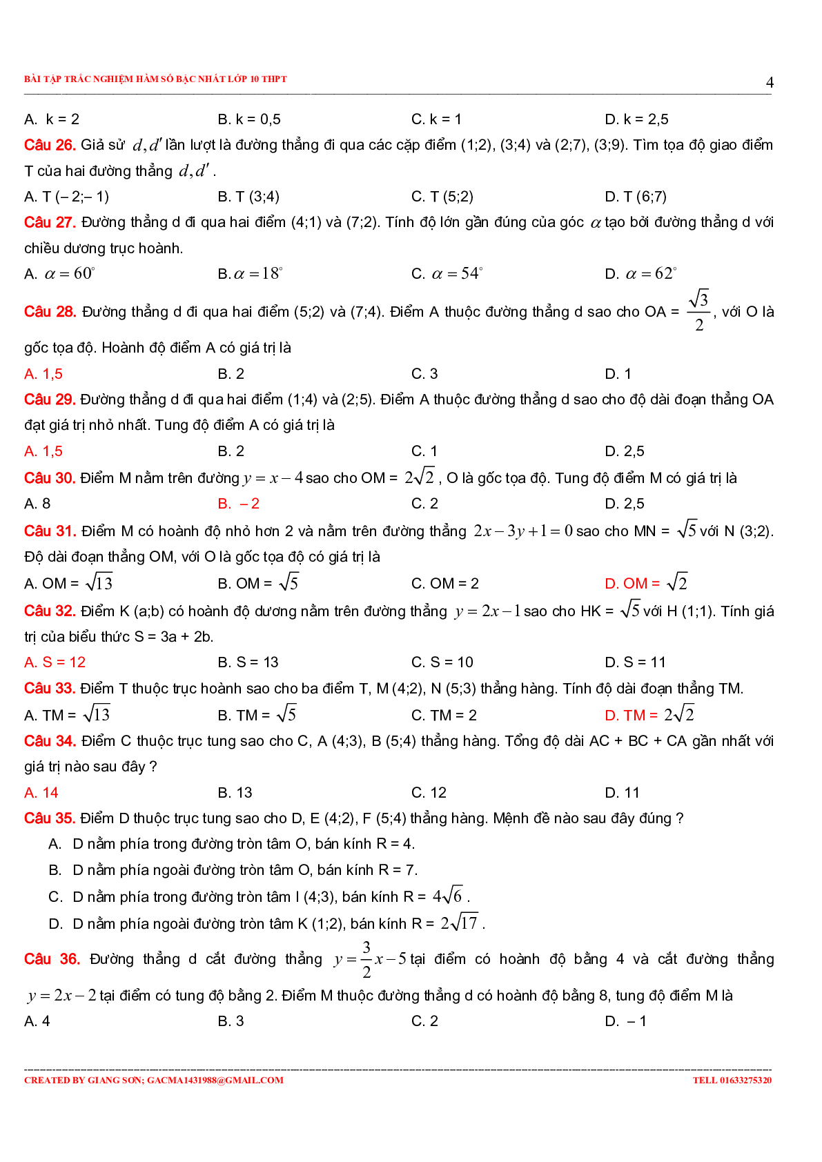 229 bài tập trắc nghiệm hàm số bậc nhất (trang 4)