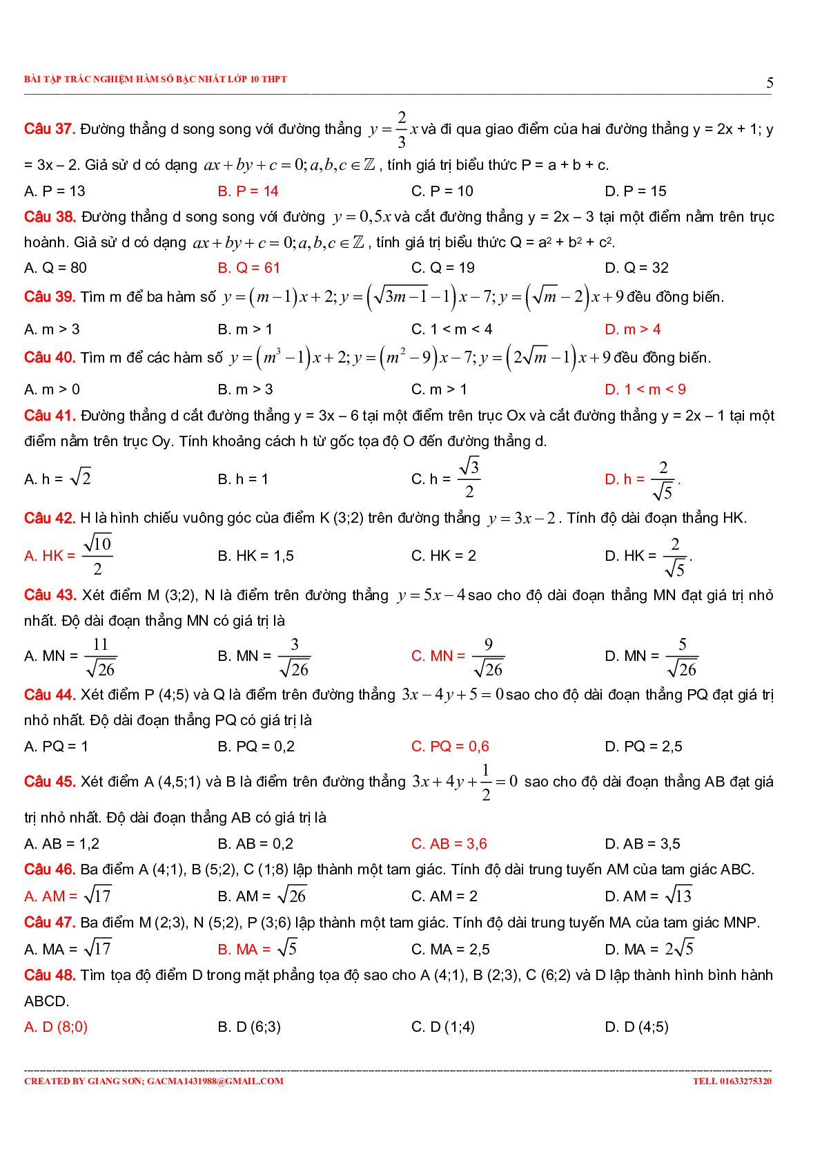 229 bài tập trắc nghiệm hàm số bậc nhất (trang 5)