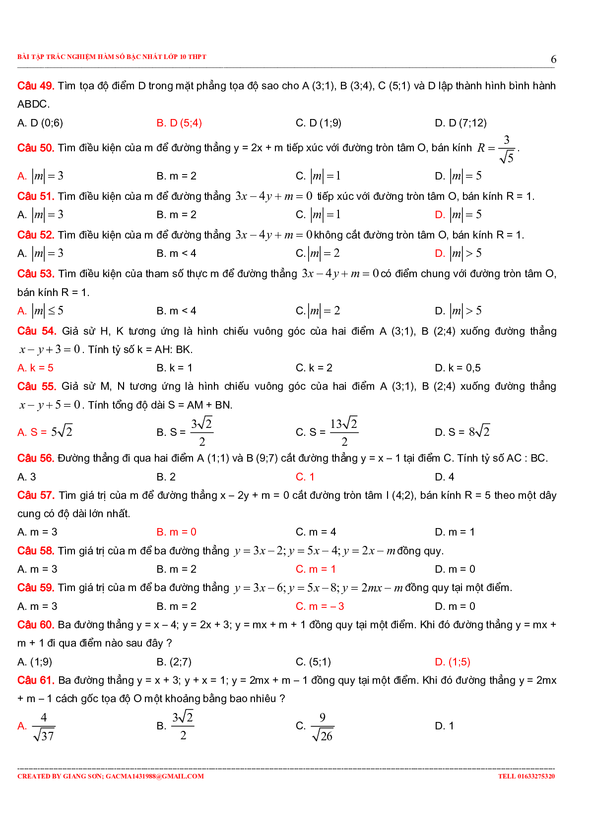 229 bài tập trắc nghiệm hàm số bậc nhất (trang 6)