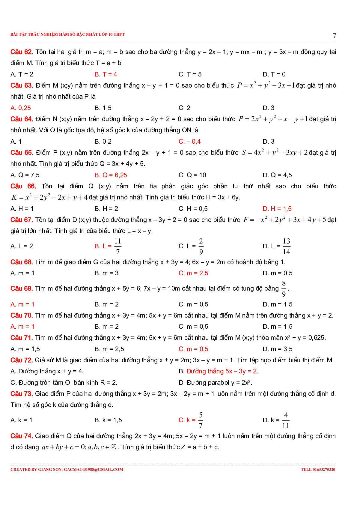 229 bài tập trắc nghiệm hàm số bậc nhất (trang 7)