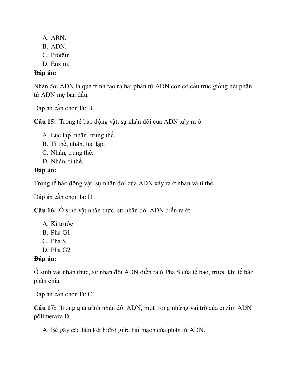 54 câu Trắc nghiệm Sinh học lớp 12 Bài 1 có đáp án 2023: Quá trình nhân đôi ADN (trang 6)