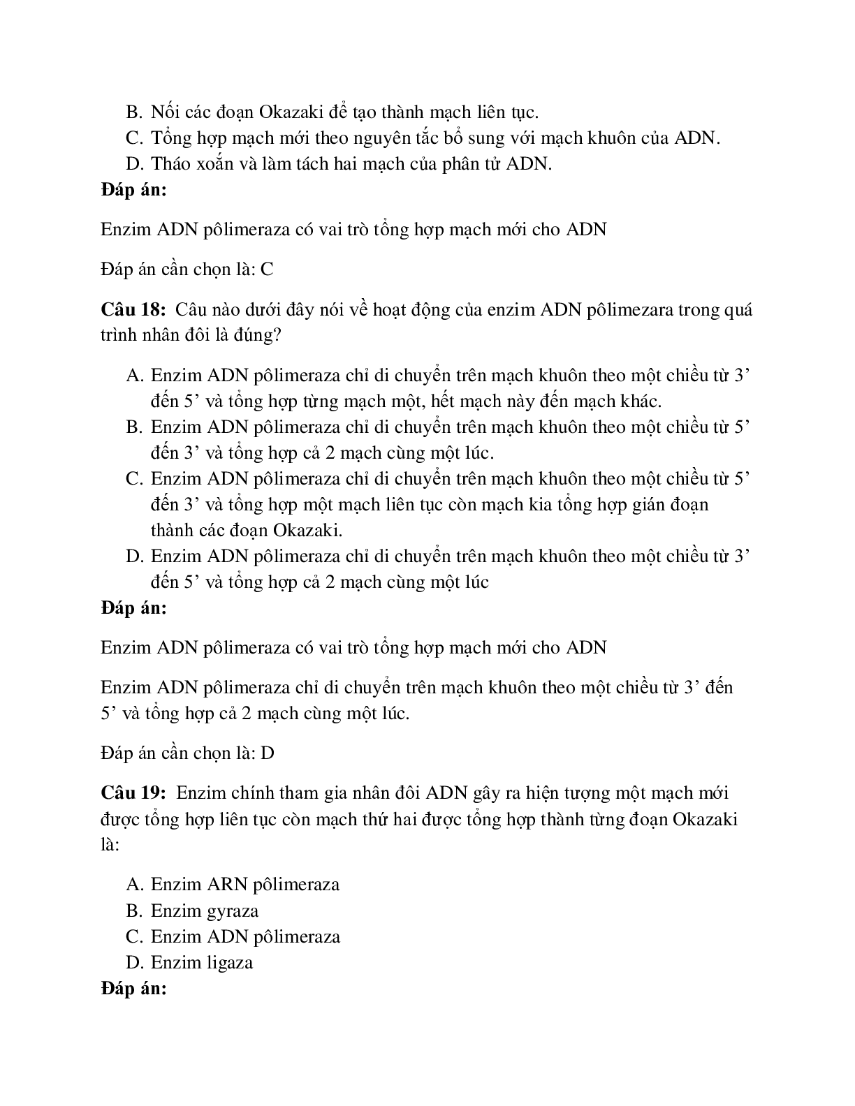 54 câu Trắc nghiệm Sinh học lớp 12 Bài 1 có đáp án 2023: Quá trình nhân đôi ADN (trang 7)