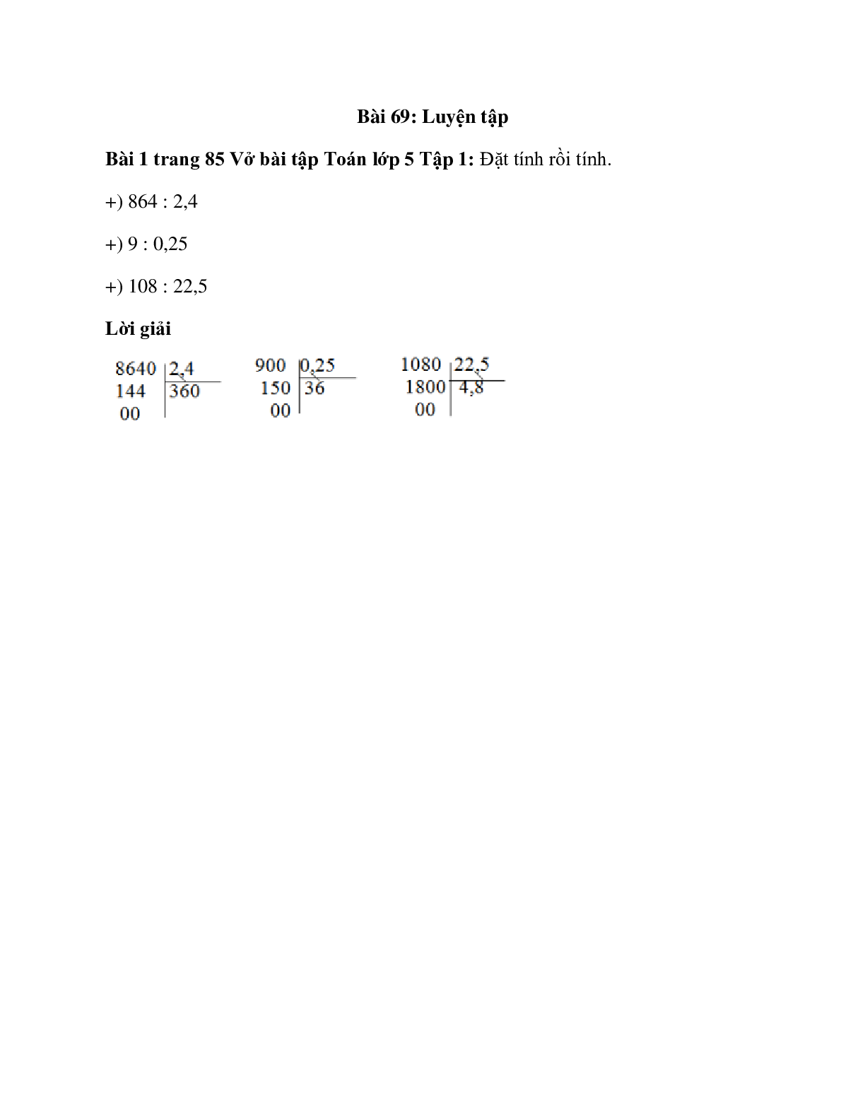 Đặt tính rồi tính 864 : 2,4 (trang 1)