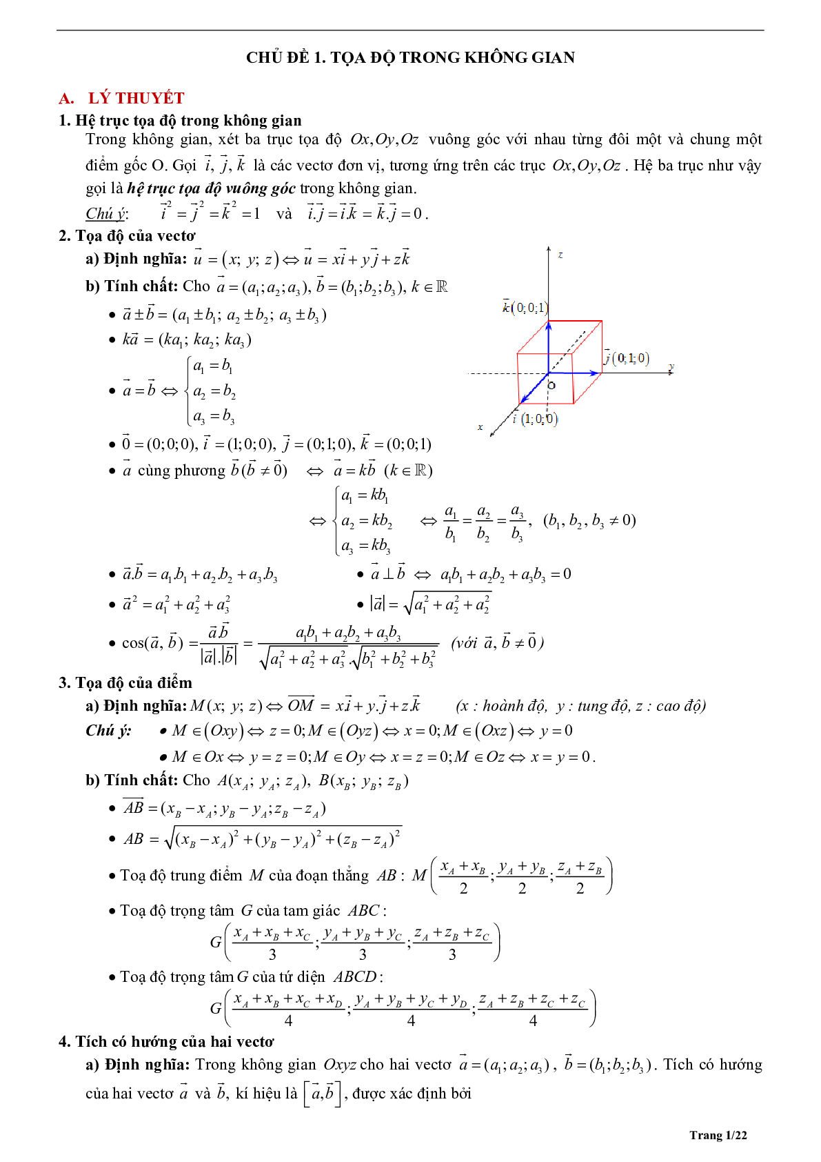 Tóm tắt lý thuyết và bài tập trắc nghiệm tọa độ trong không gian (trang 1)
