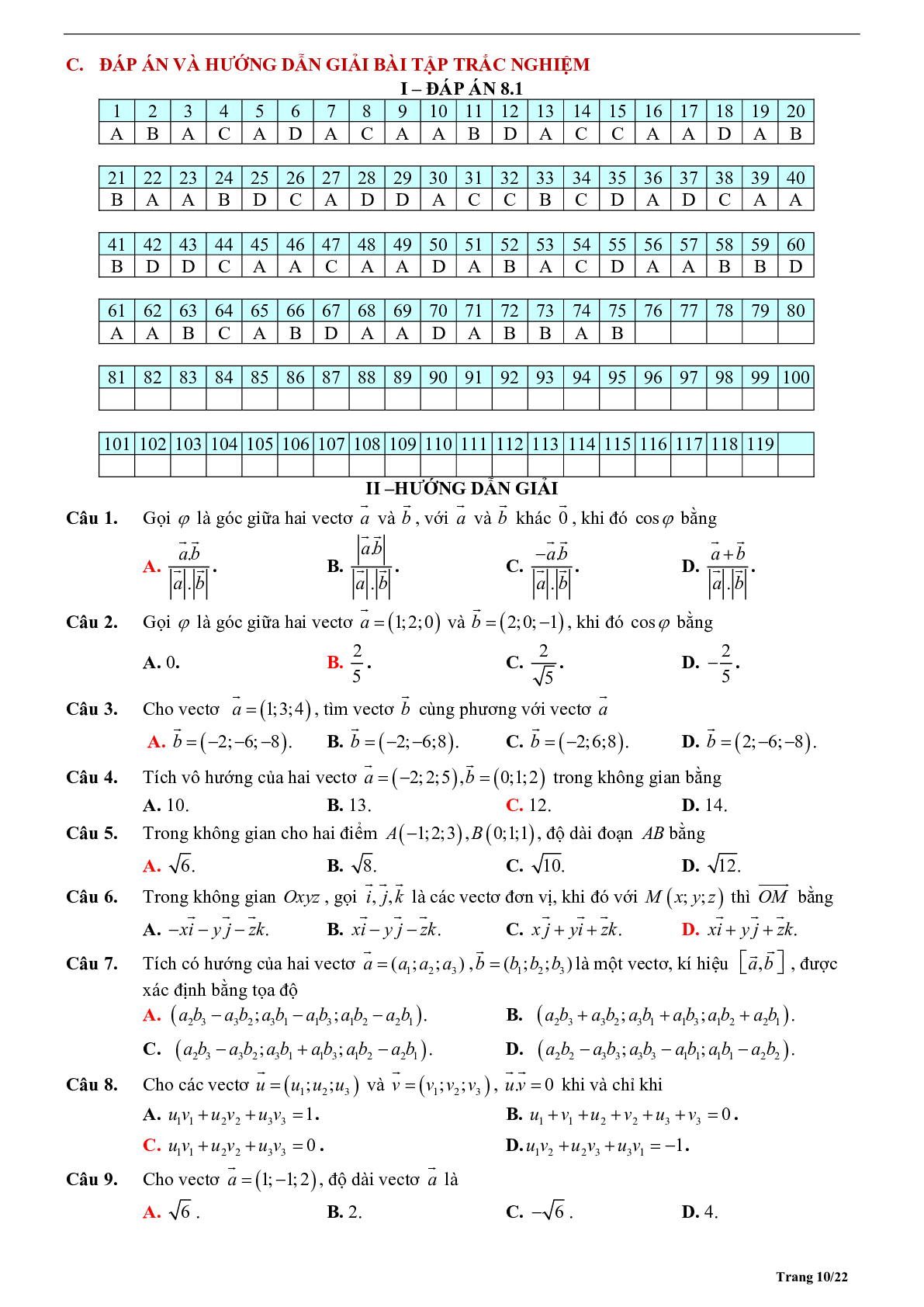 Tóm tắt lý thuyết và bài tập trắc nghiệm tọa độ trong không gian (trang 10)