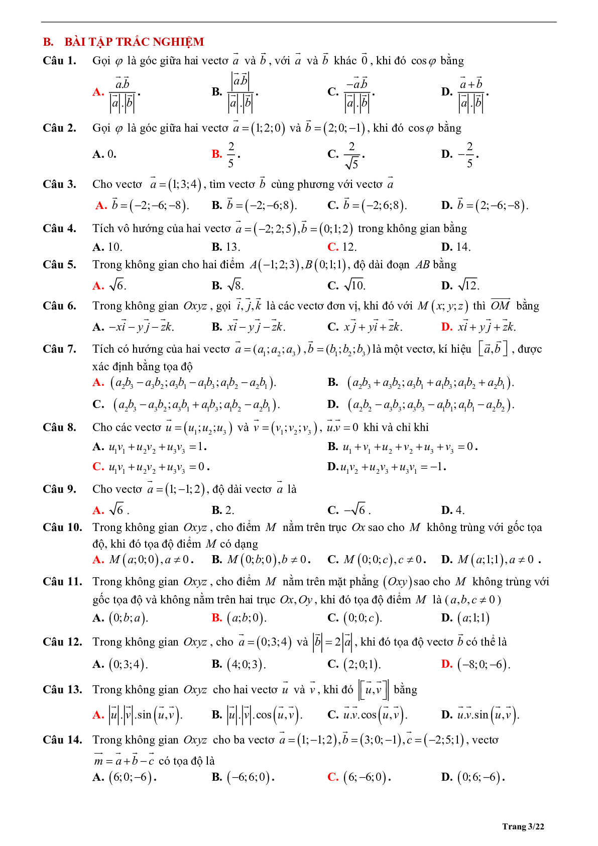 Tóm tắt lý thuyết và bài tập trắc nghiệm tọa độ trong không gian (trang 3)