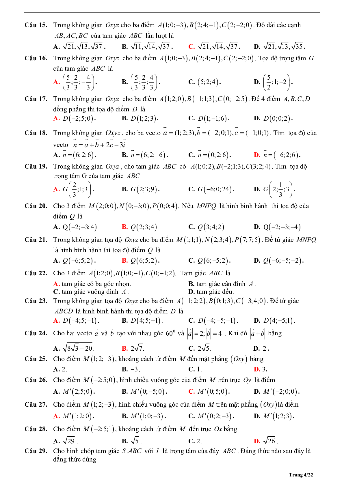 Tóm tắt lý thuyết và bài tập trắc nghiệm tọa độ trong không gian (trang 4)