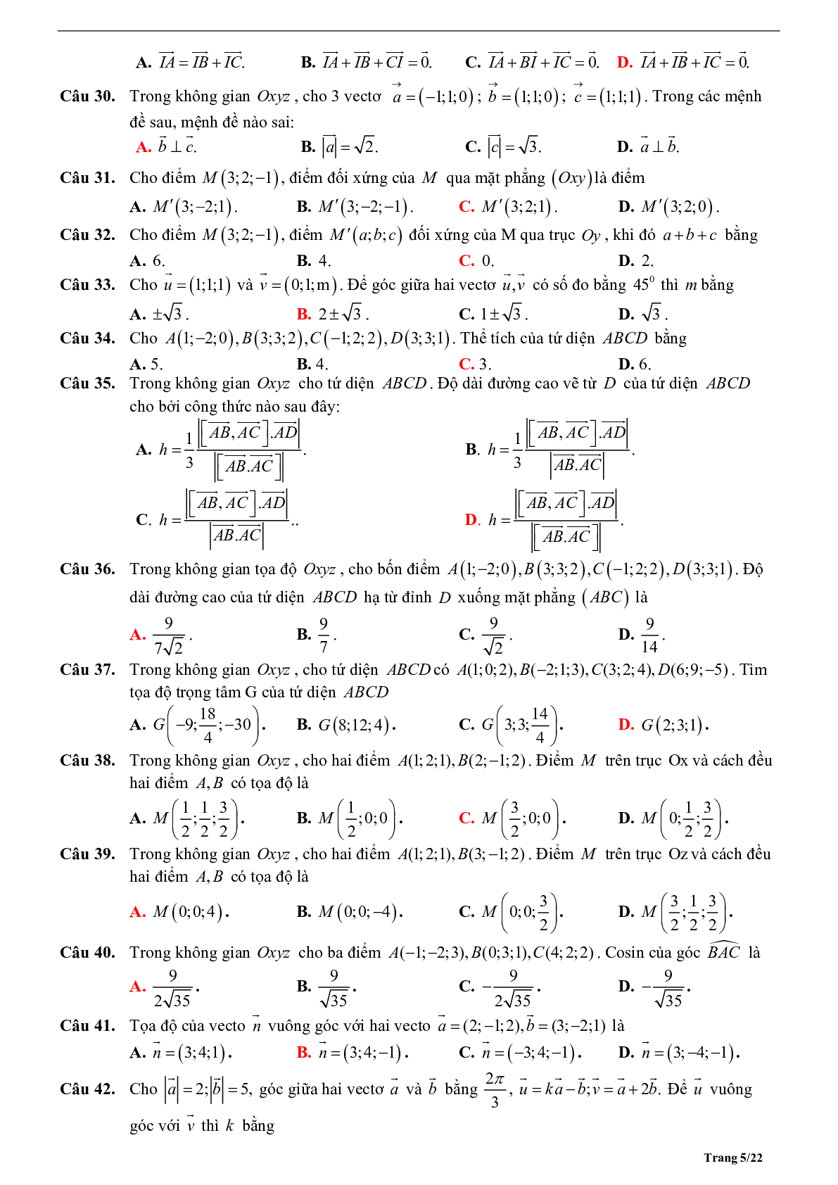 Tóm tắt lý thuyết và bài tập trắc nghiệm tọa độ trong không gian (trang 5)