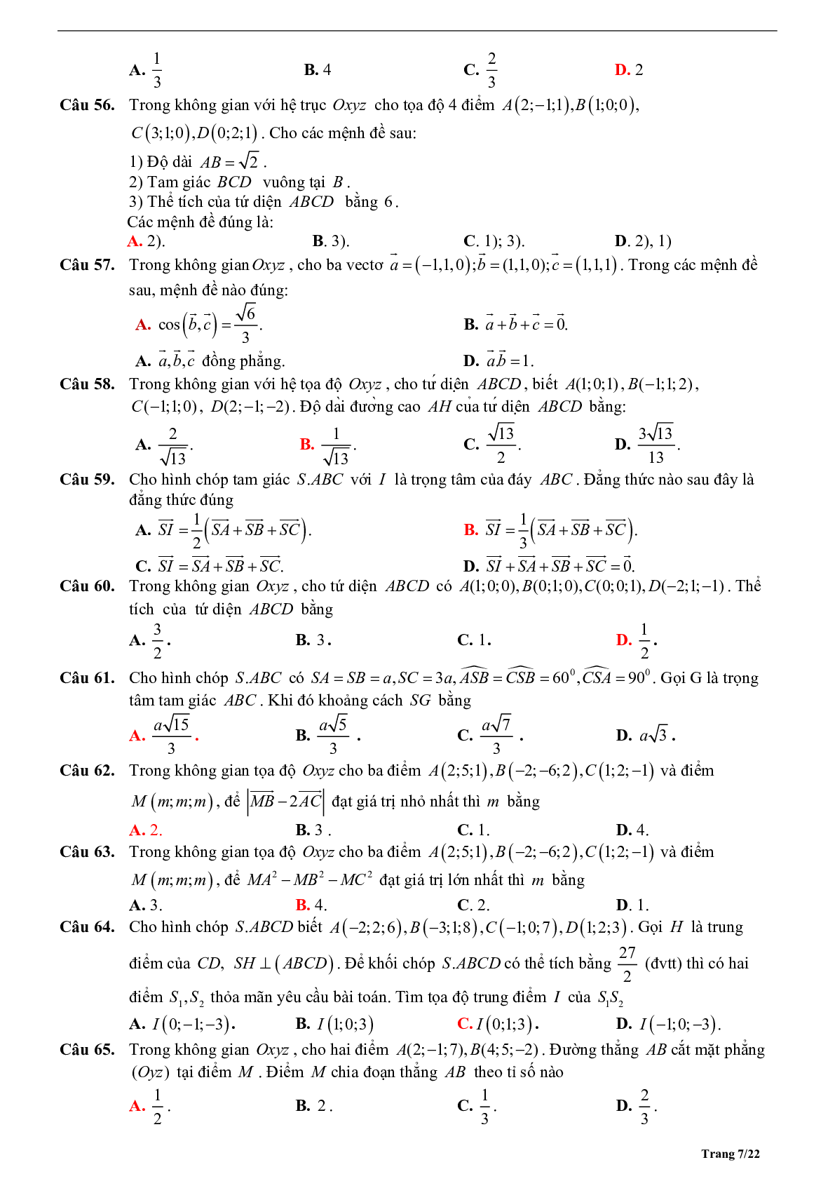 Tóm tắt lý thuyết và bài tập trắc nghiệm tọa độ trong không gian (trang 7)