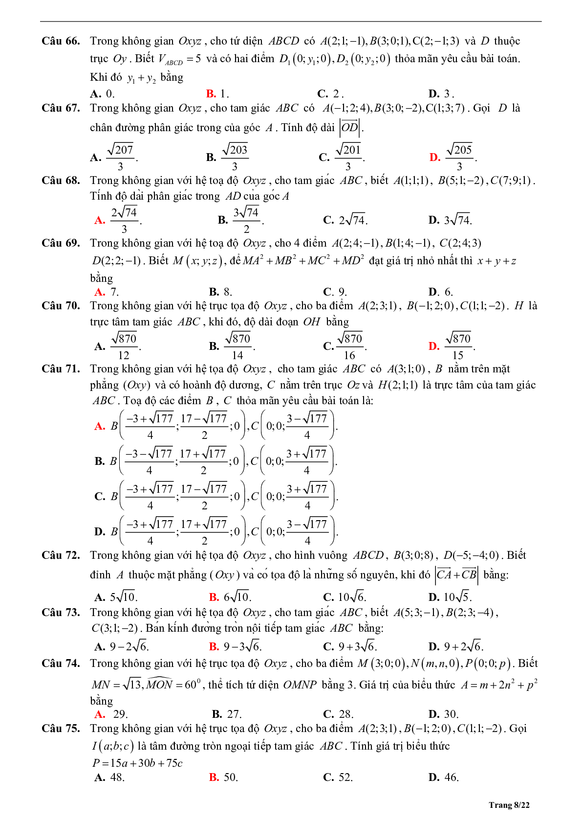 Tóm tắt lý thuyết và bài tập trắc nghiệm tọa độ trong không gian (trang 8)