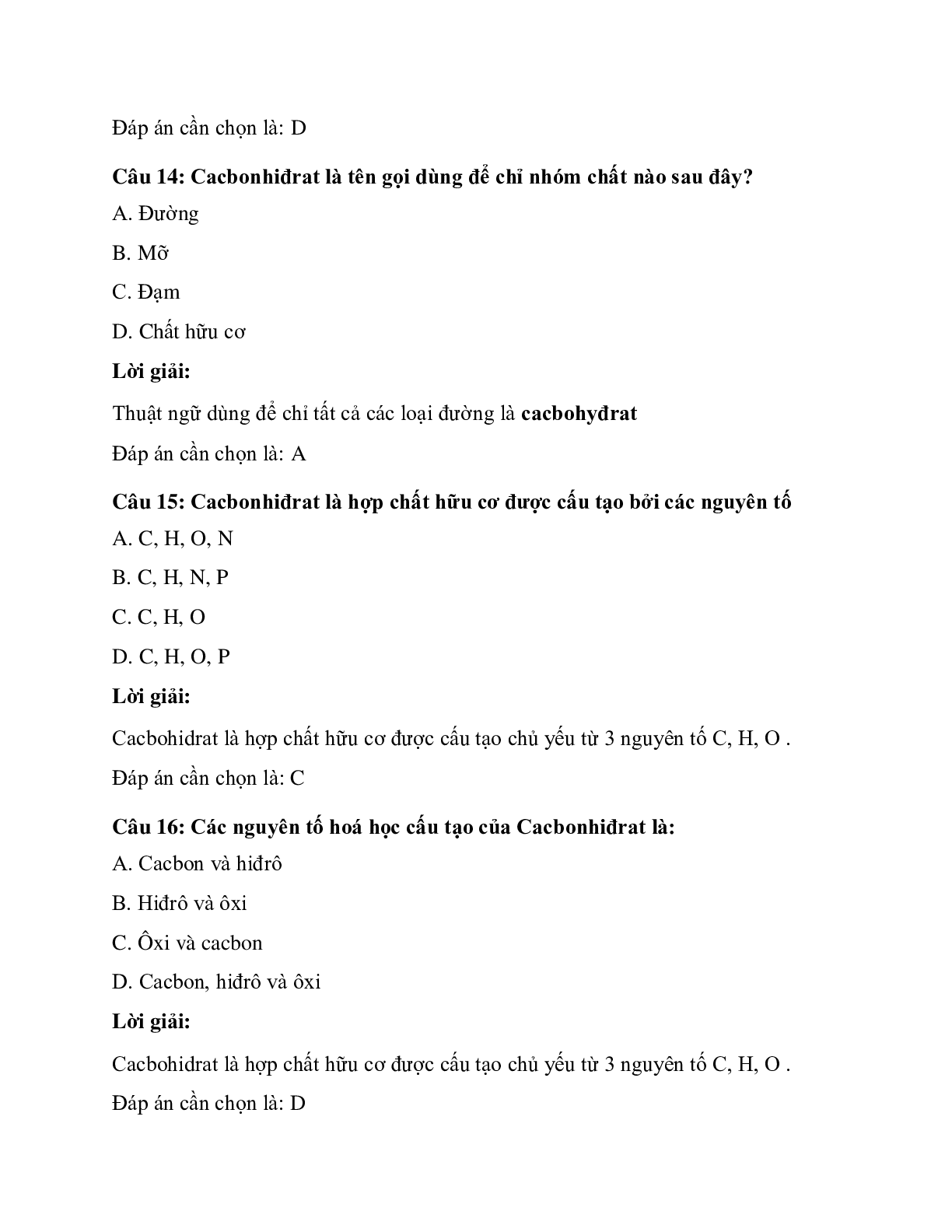 Trắc nghiệm Sinh học 10 Bài 4 có đáp án: Cacbohiđrat (trang 6)