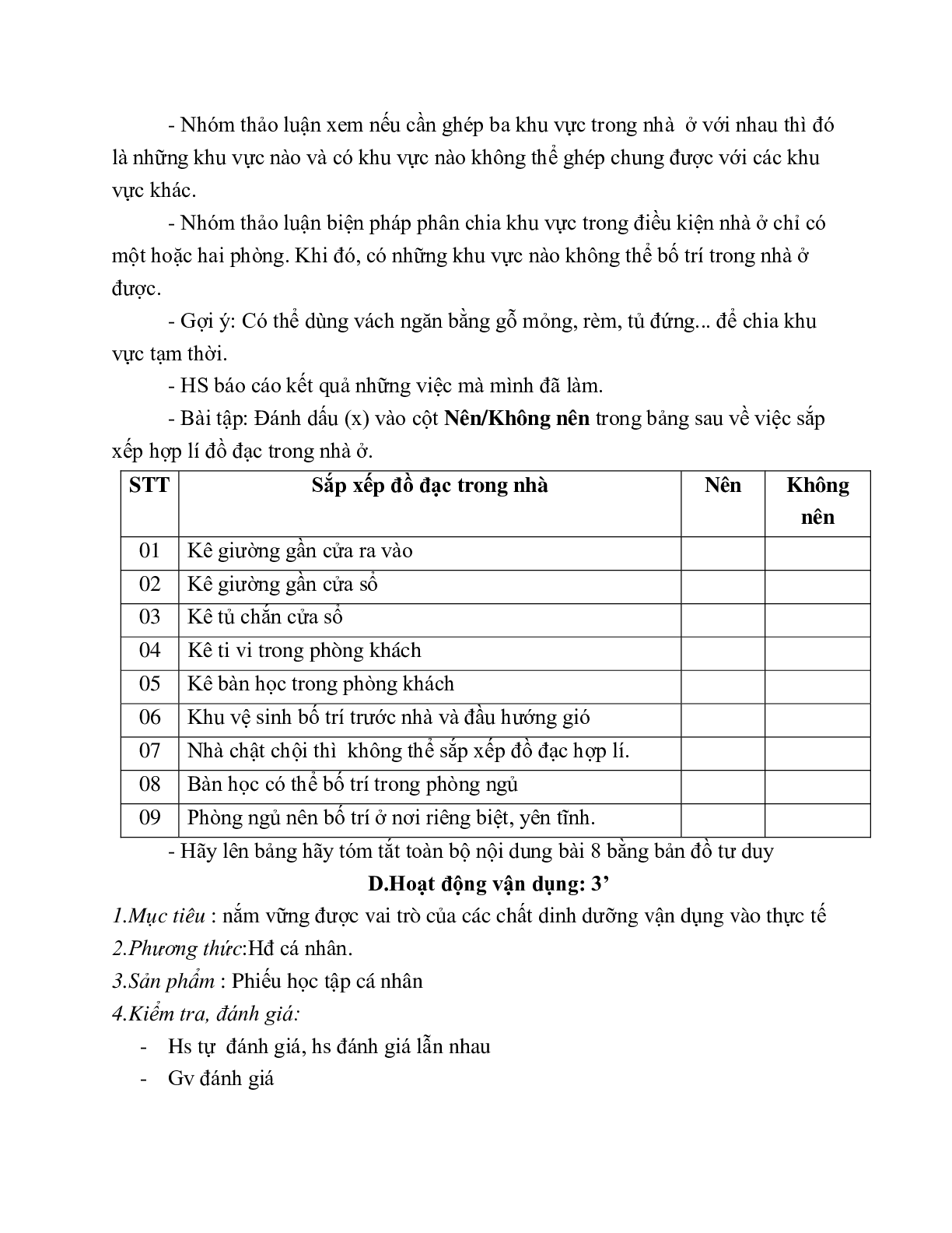 GIÁO ÁN CÔNG NGHỆ 6 BÀI 8: SẮP XẾP ĐỒ ĐẠC HỢP LÝ TRONG NHÀ Ở (T2) MỚI NHẤT (trang 7)