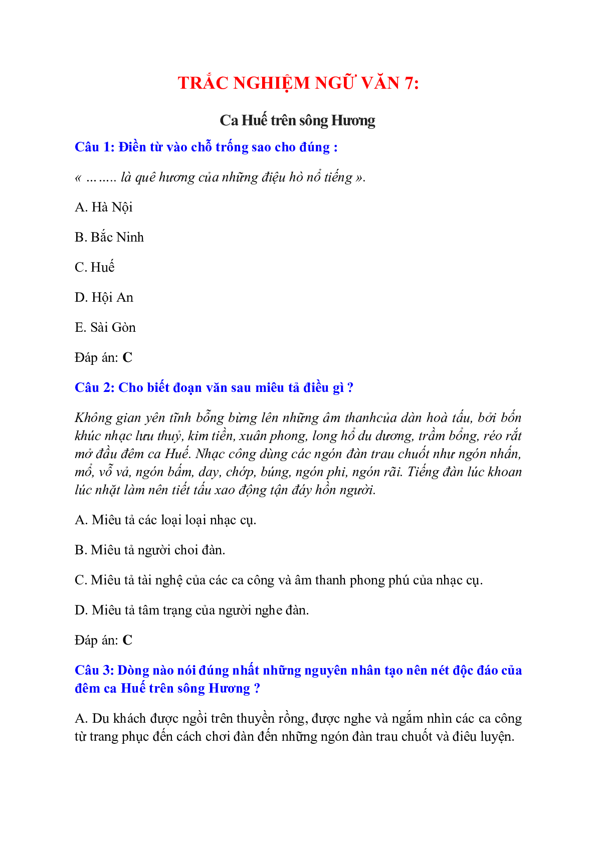 Trắc nghiệm Ca Huế trên sông Hương có đáp án – Ngữ văn lớp 7 (trang 1)