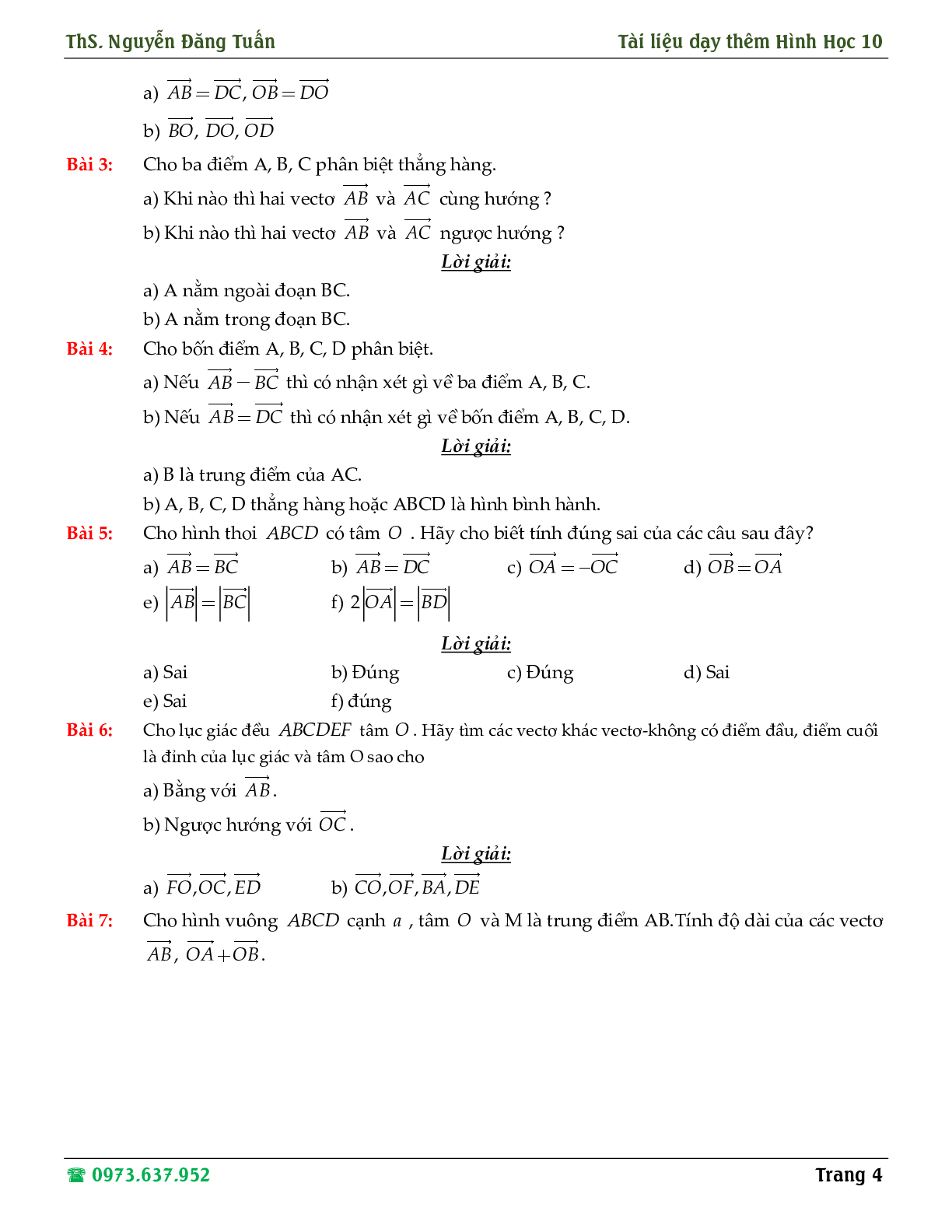 Hướng dẫn giải các dạng toán về định nghĩa vector, tổng và hiệu hai vector (trang 4)