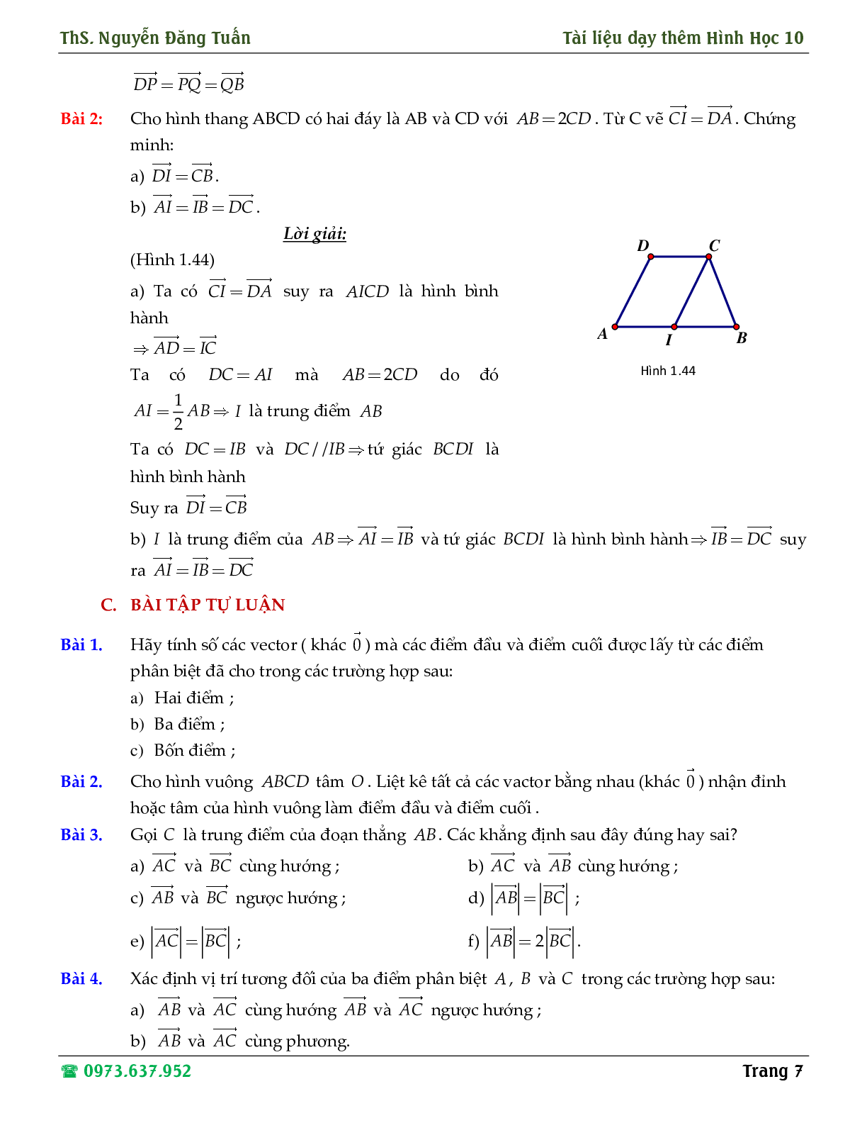 Hướng dẫn giải các dạng toán về định nghĩa vector, tổng và hiệu hai vector (trang 7)