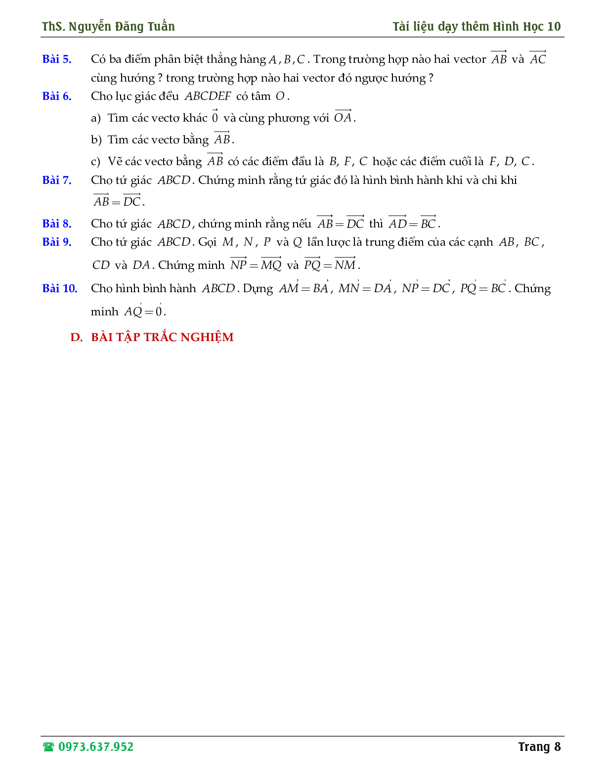 Hướng dẫn giải các dạng toán về định nghĩa vector, tổng và hiệu hai vector (trang 8)