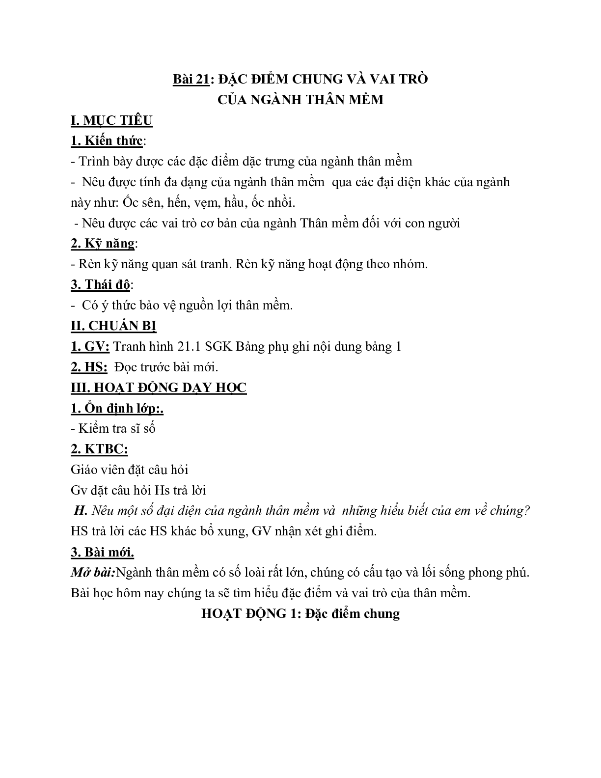 Giáo án Sinh học 7 Bài 21: Đặc điểm chung và vai trò của ngành Thân mềm mới nhất - CV5512 (trang 1)