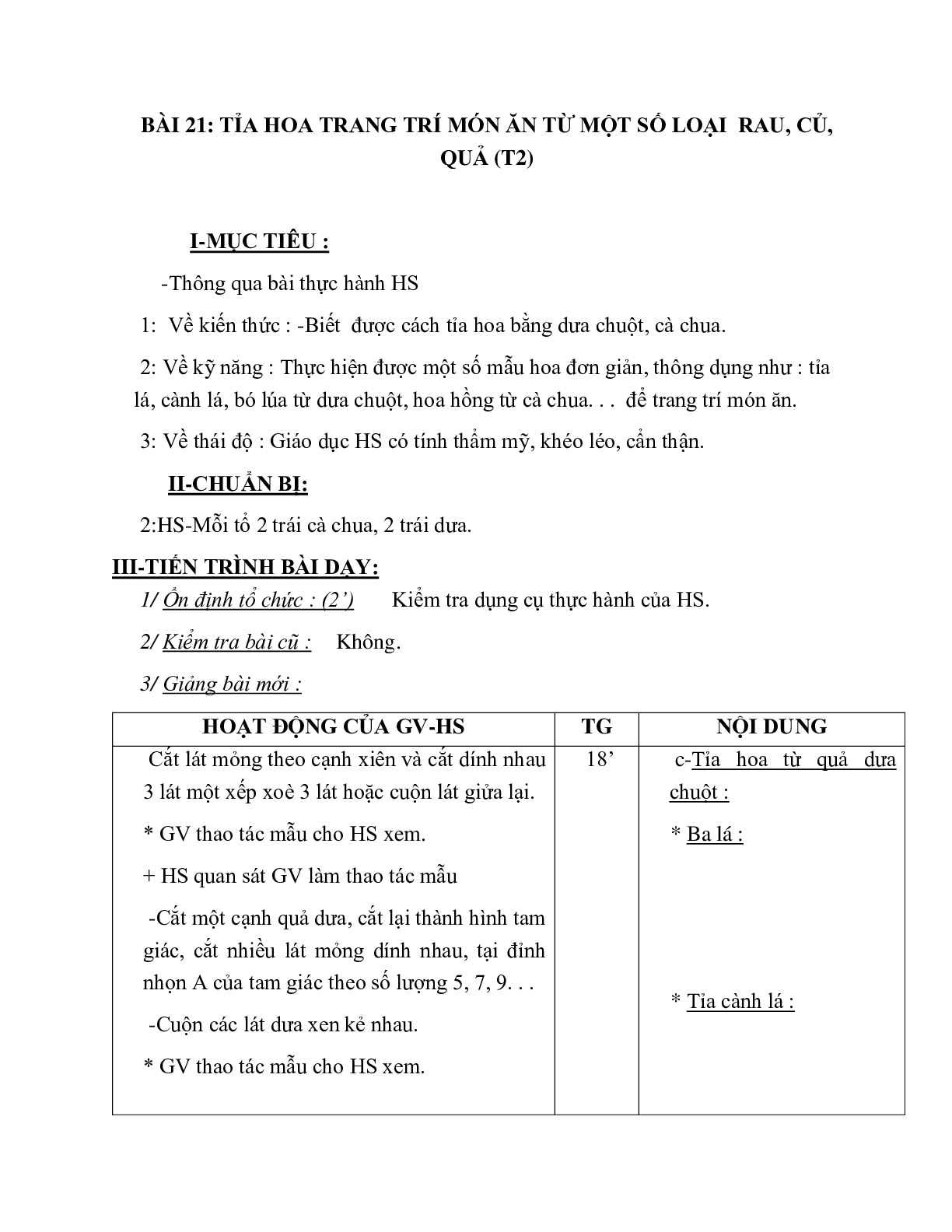 GIÁO ÁN CÔNG NGHỆ 6 BÀI 21: TỈA HOA TRANG TRÍ MÓN ĂN TỪ MỘT SỐ LOẠI  RAU, CỦ, QUẢ (T2) MỚI NHẤT – CV5555 (trang 1)