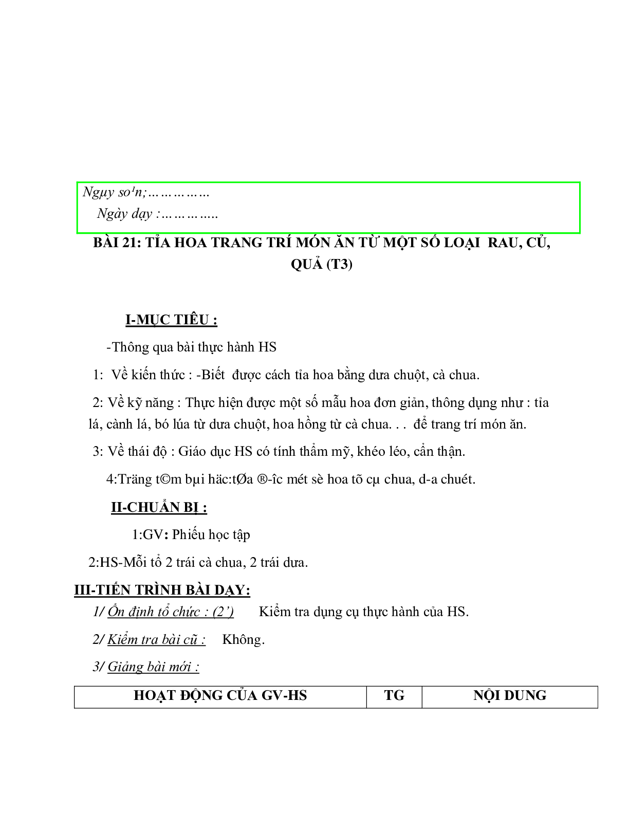 GIÁO ÁN CÔNG NGHỆ 6 BÀI 21: TỈA HOA TRANG TRÍ MÓN ĂN TỪ MỘT SỐ LOẠI  RAU, CỦ, QUẢ (T2) MỚI NHẤT – CV5555 (trang 3)