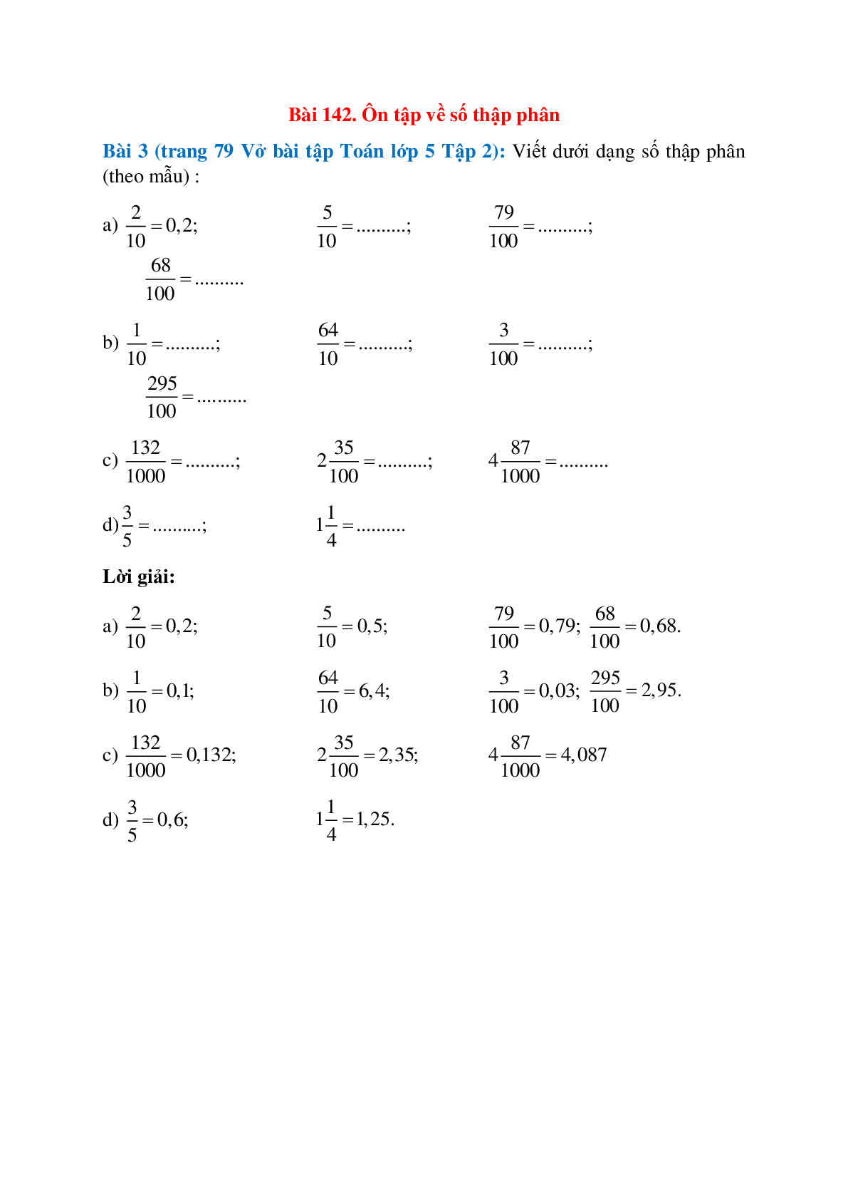 Viết dưới dạng số thập phân (theo mẫu): 2/10=0,2 (trang 1)