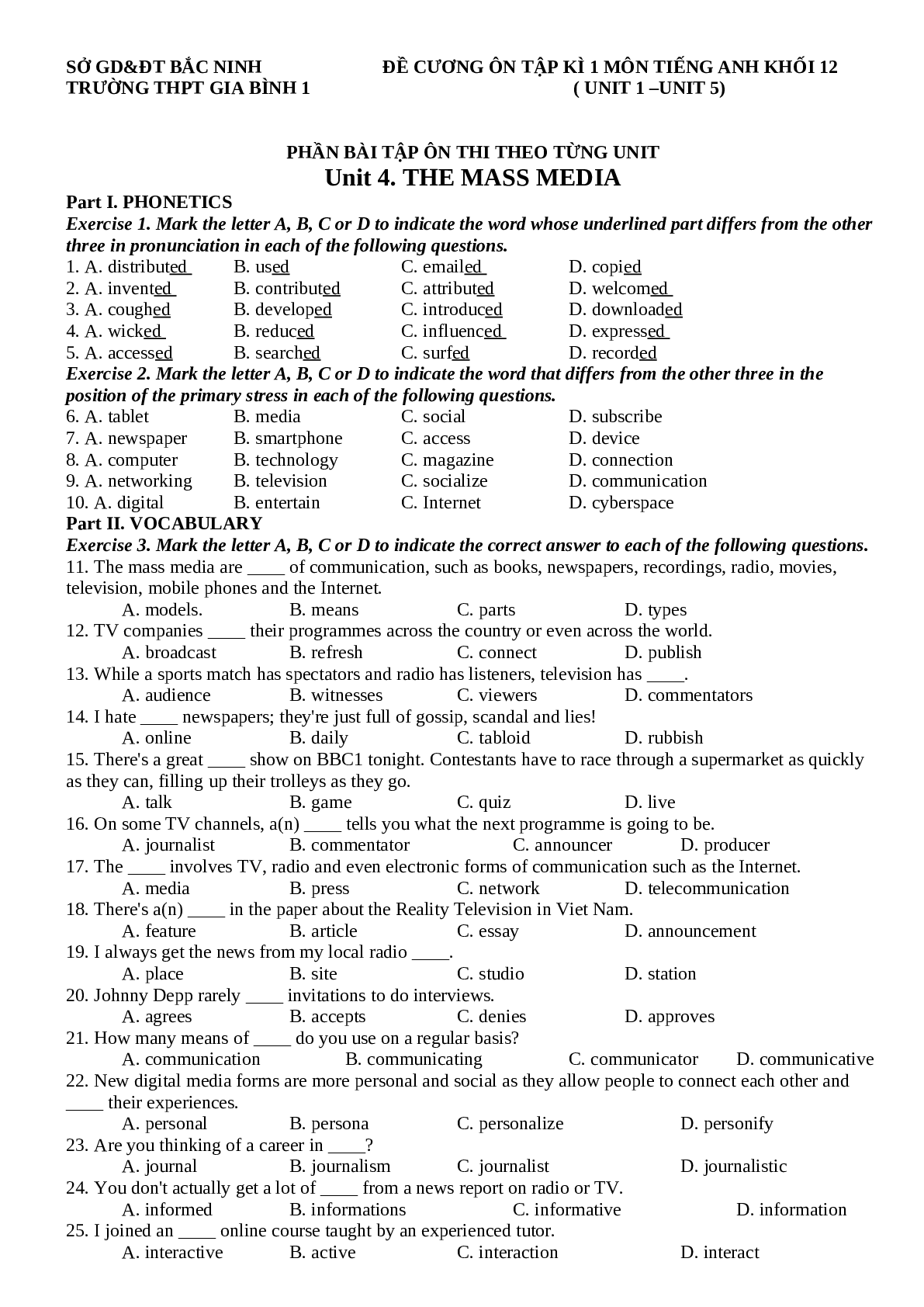 Đề cương ôn tập học kì 1 môn Tiếng Anh lớp 12 chi tiết, chọn lọc (trang 1)