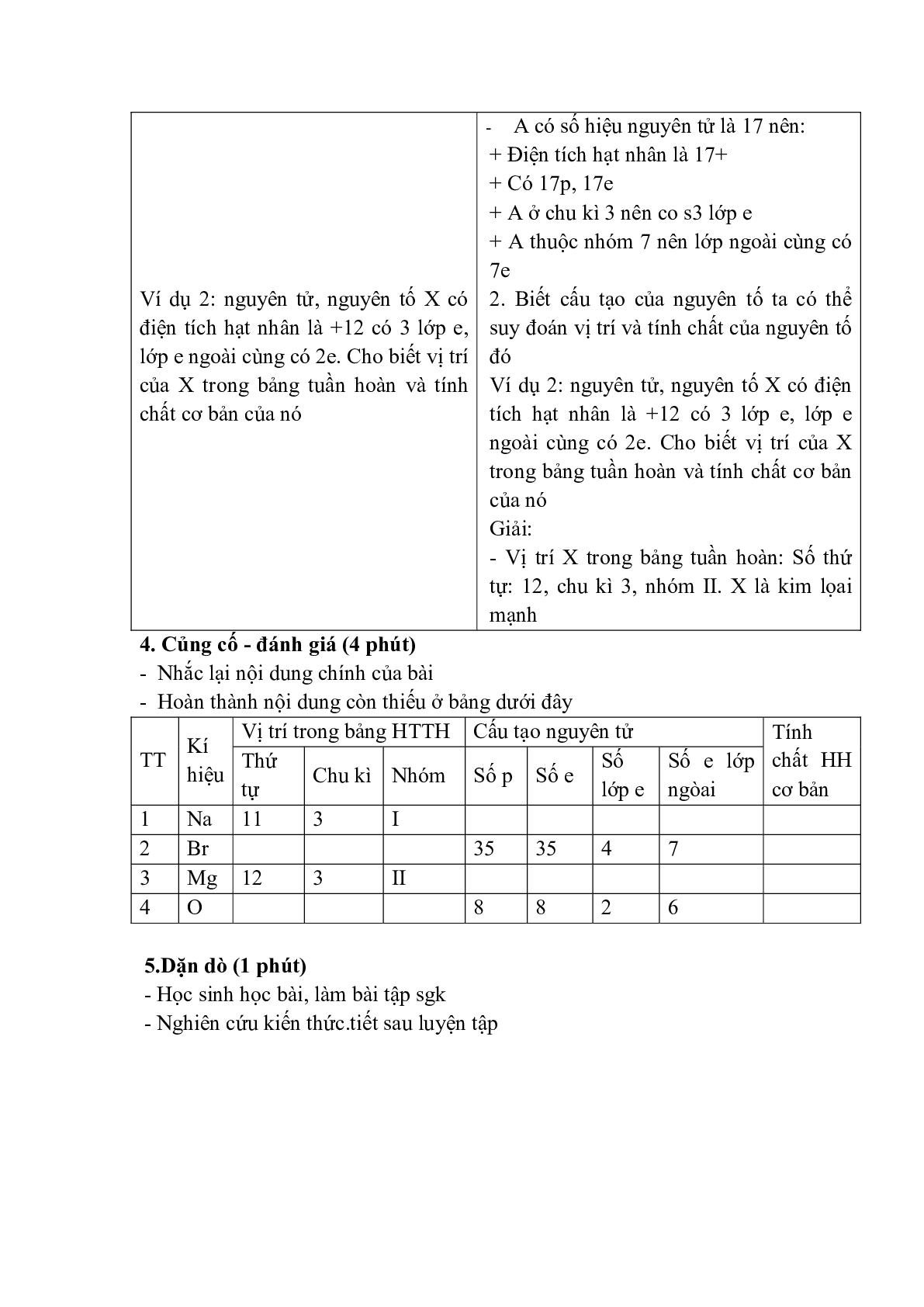 Giáo án môn Hóa học lớp 9 Bài 31: Sơ lược về bảng tuần hoàn các nguyên tố hóa học (tiếp) (trang 3)