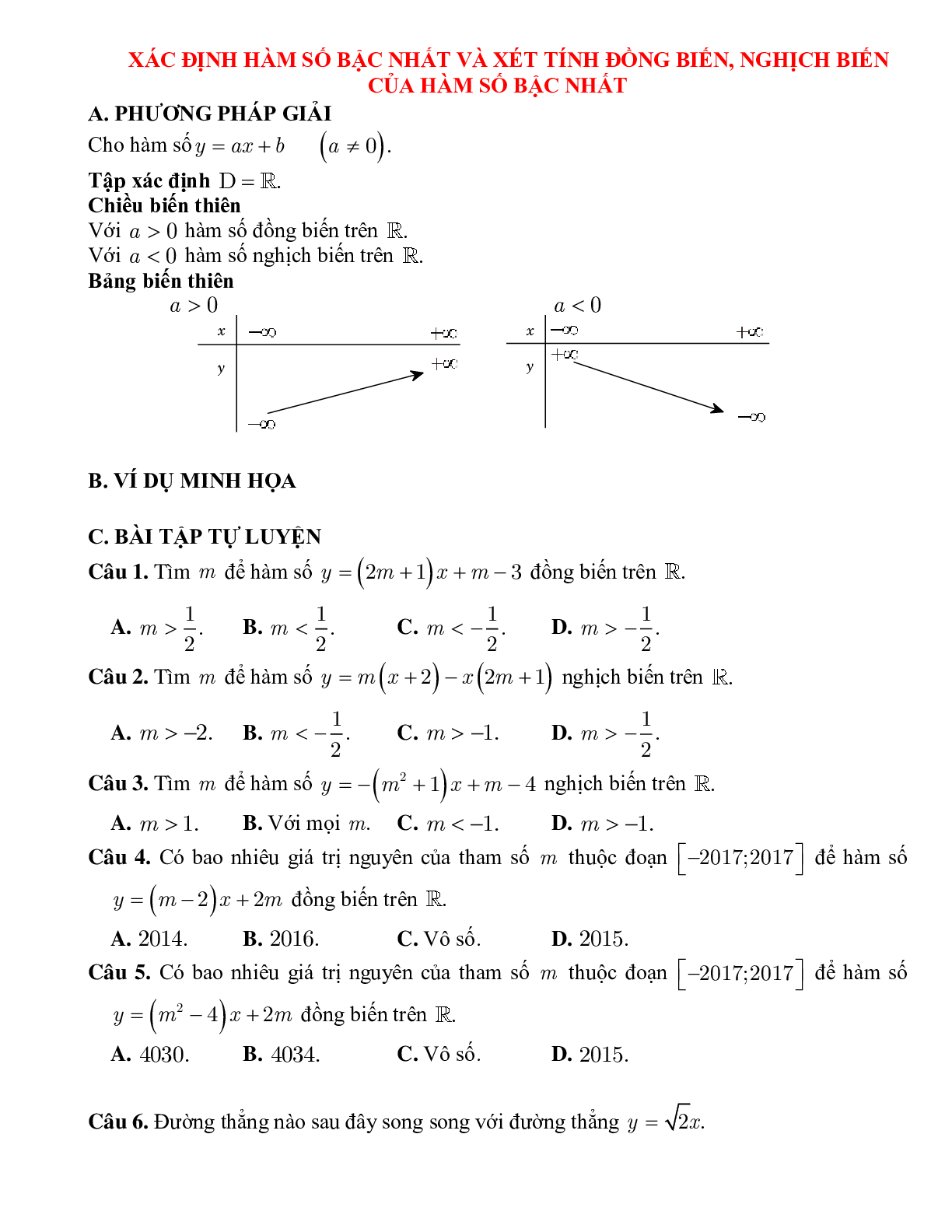 Bài tập tự luyện xác định hàm số bậc nhất - xét tính đồng biến, nghịch biến Toán 10 (trang 1)