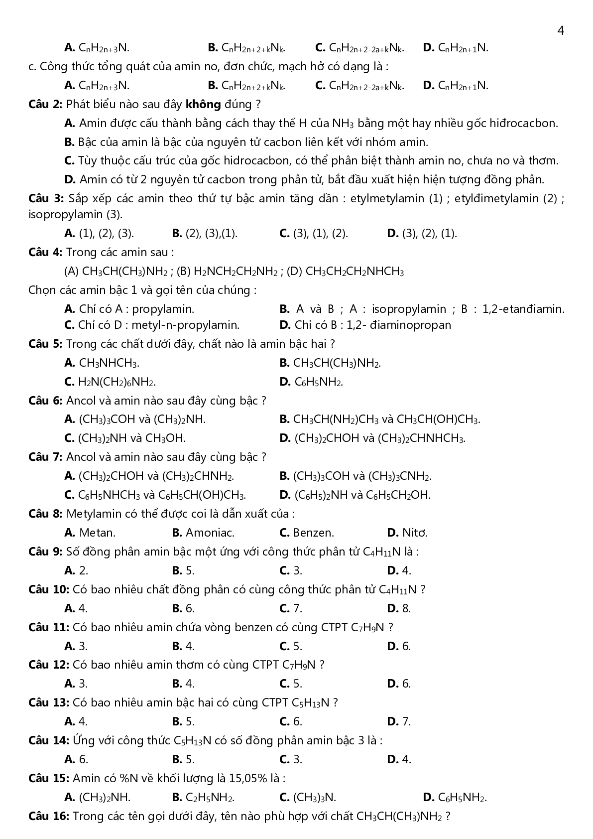 Lý thuyết, bài tập về amin-amino axit-protein có đáp án (trang 4)