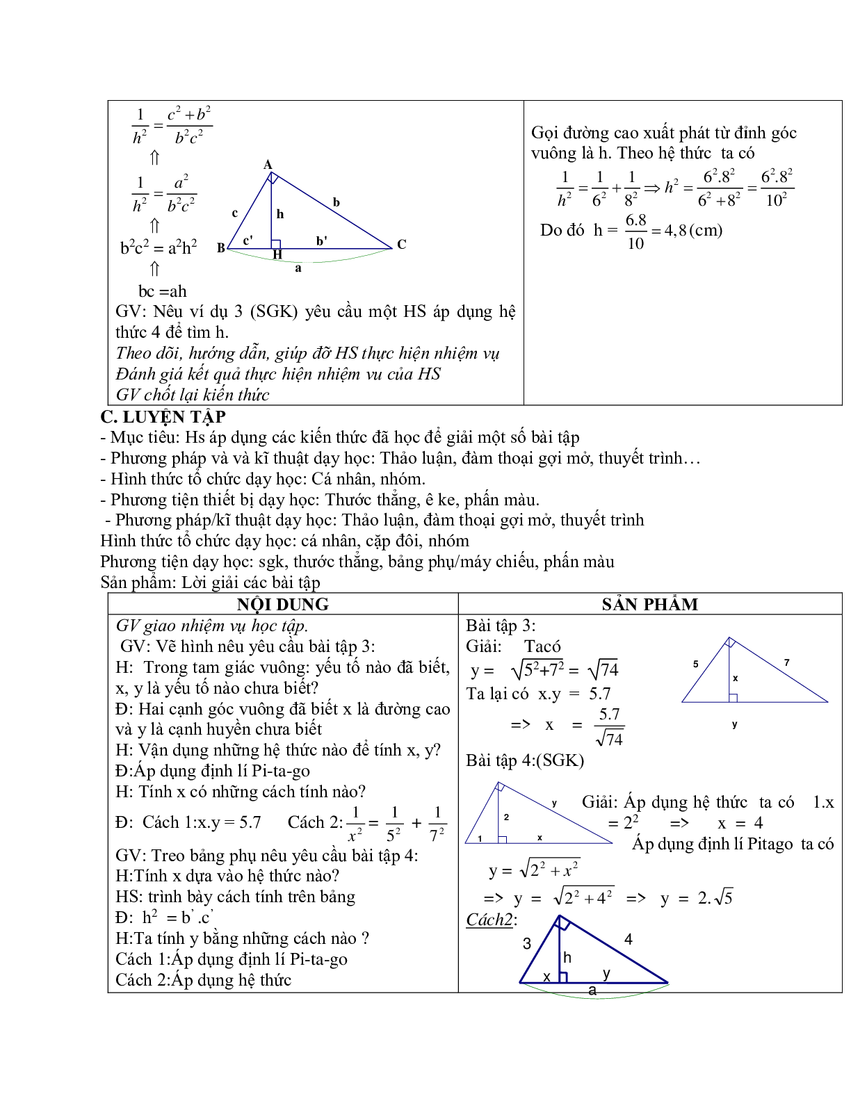 Giáo án Toán 9 bài 1: Một số hệ thức về cạnh và đường cao trong tam giác vuông (tiếp) mới nhất (trang 3)