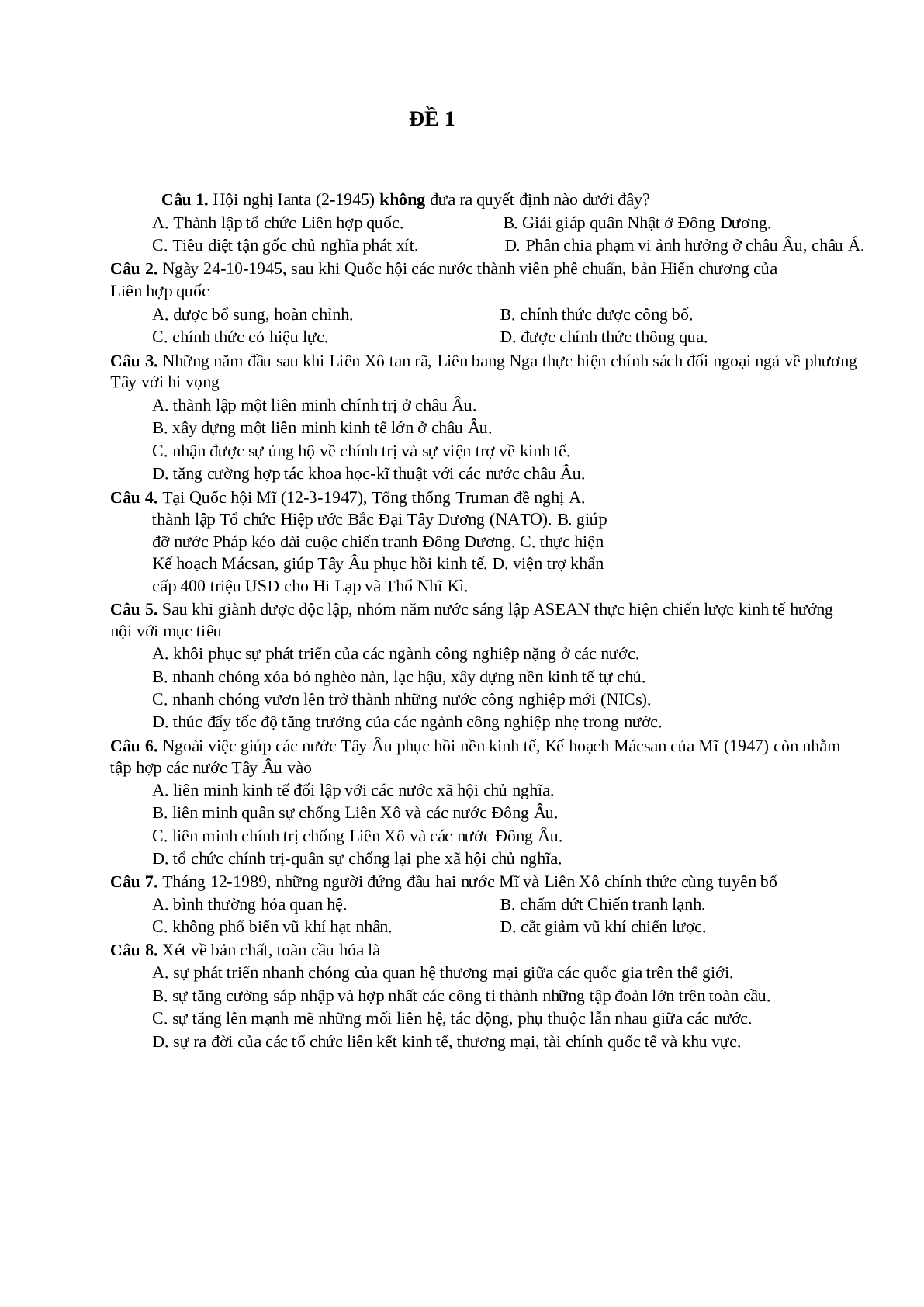 10 đề thi thử môn Lịch Sử lớp 12 (trang 1)