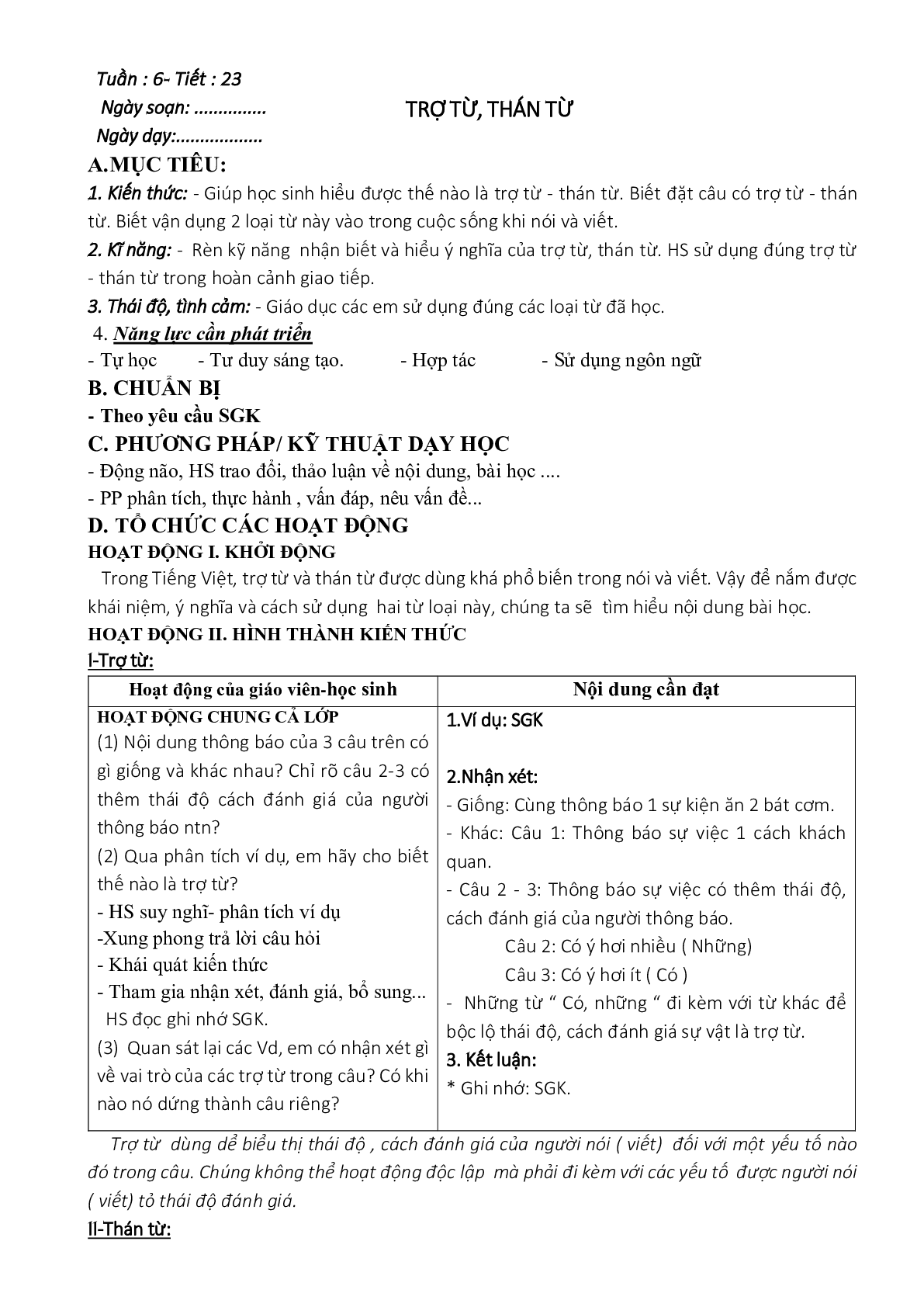 Giáo án ngữ văn lớp 8 Tuần 6 Tiết 23: Trợ từ, thán từ mới nhất (trang 1)