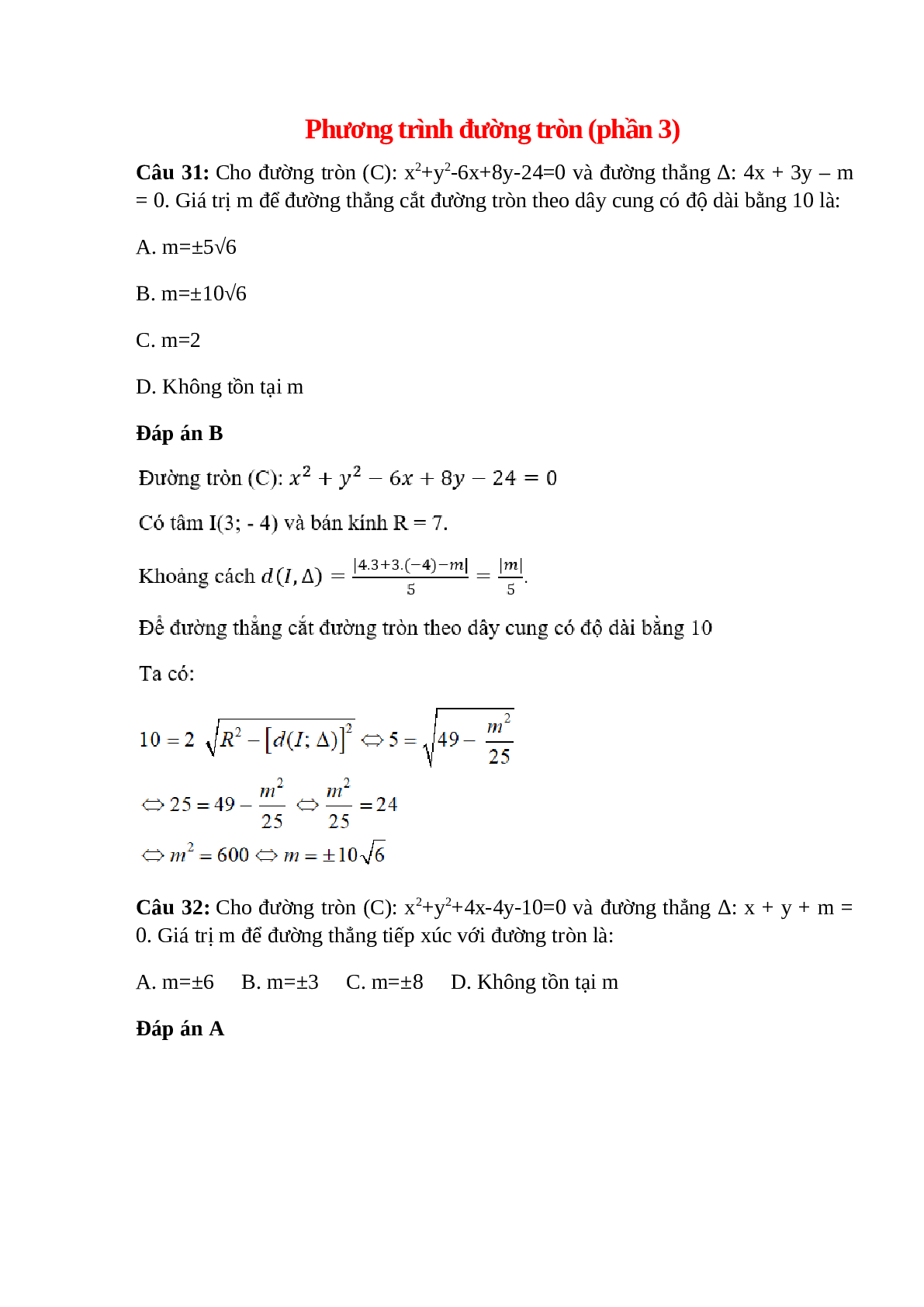 Trắc nghiệm Phương trình đường tròn (phần 3) có đáp án – Toán lớp 10 (trang 1)