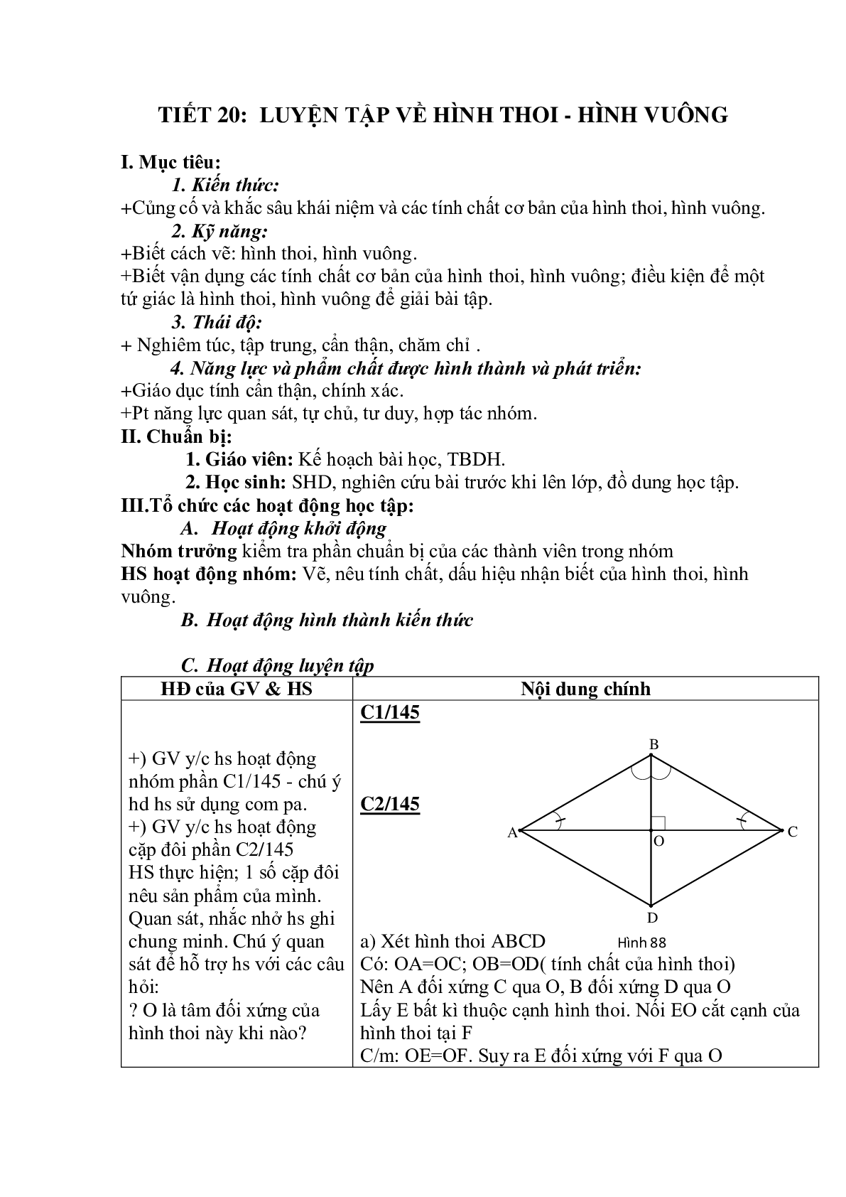 Giáo án Luyện tập về hình thoi - hình vuông (2023) - Toán 8 (trang 1)