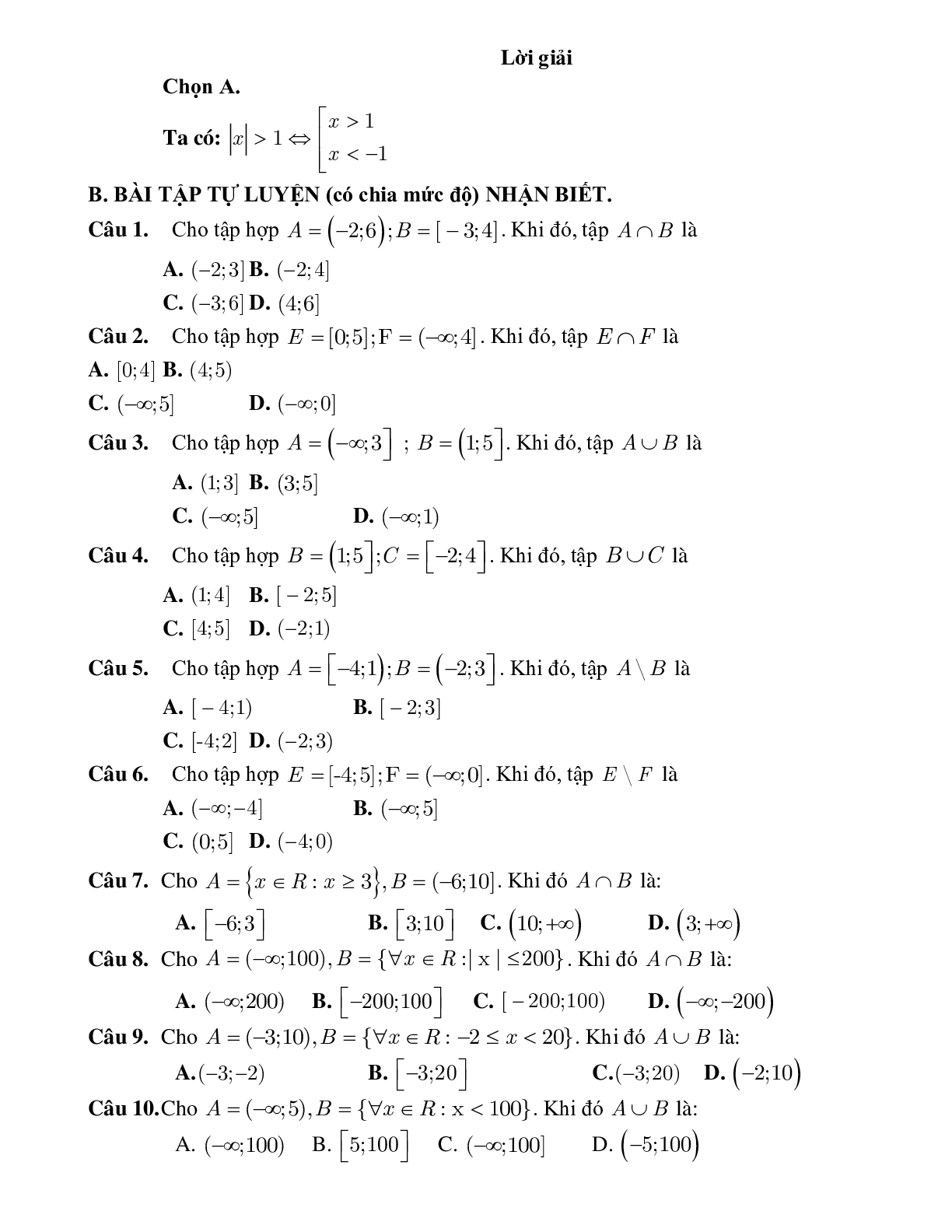 Bài tập các phép toán trên các nửa đoạn, khoảng Toán 10 (trang 2)