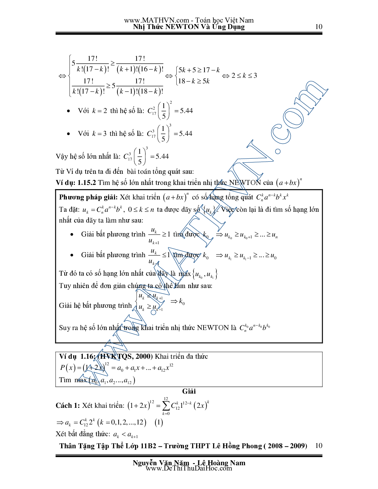 Chuyên đề Nhị thức Newton và ứng dụng môn Toán lớp 11 (trang 10)