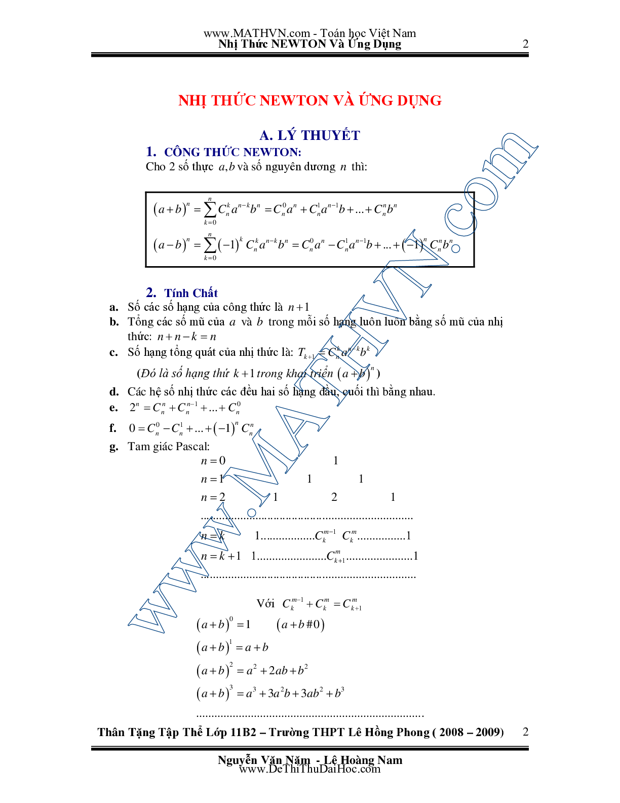 Chuyên đề Nhị thức Newton và ứng dụng môn Toán lớp 11 (trang 2)