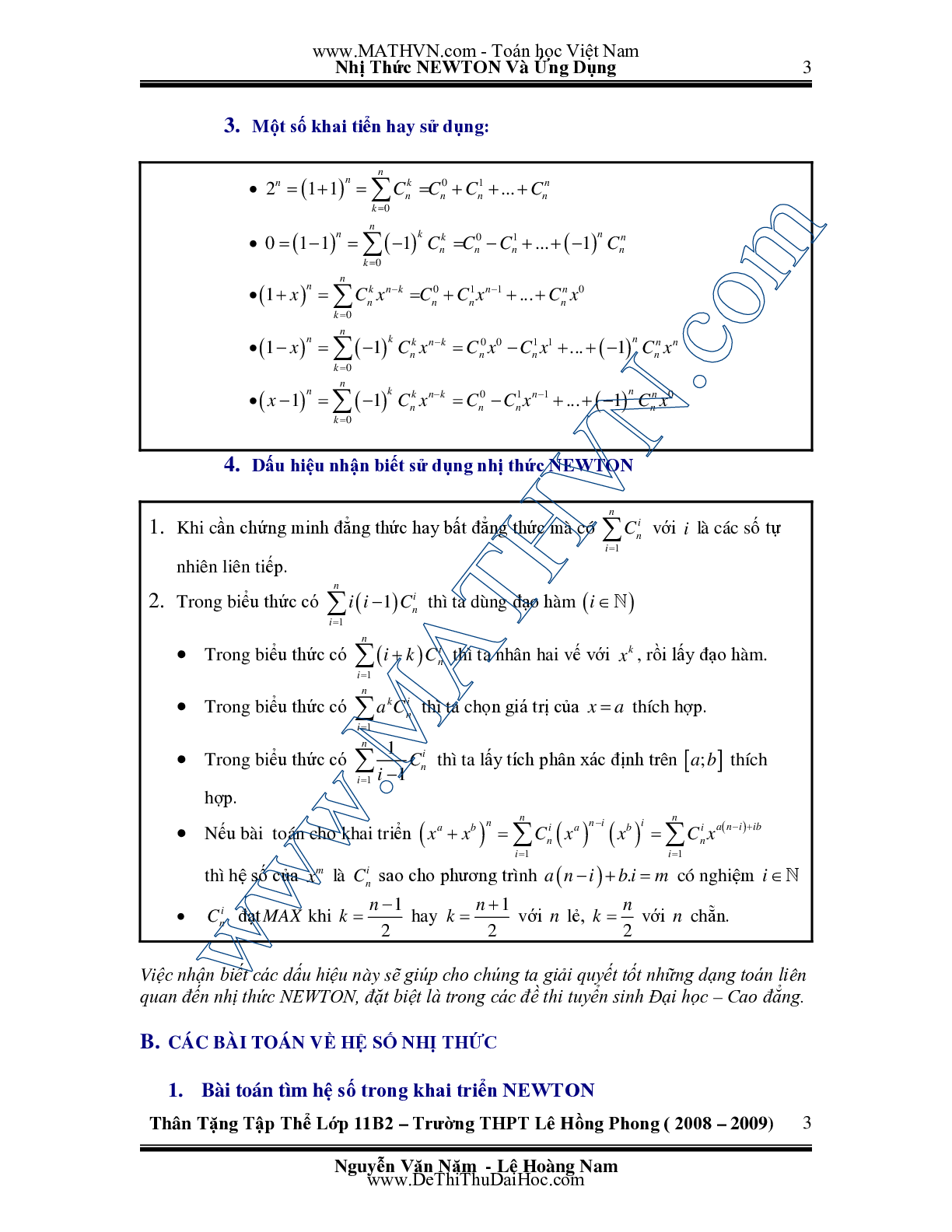 Chuyên đề Nhị thức Newton và ứng dụng môn Toán lớp 11 (trang 3)