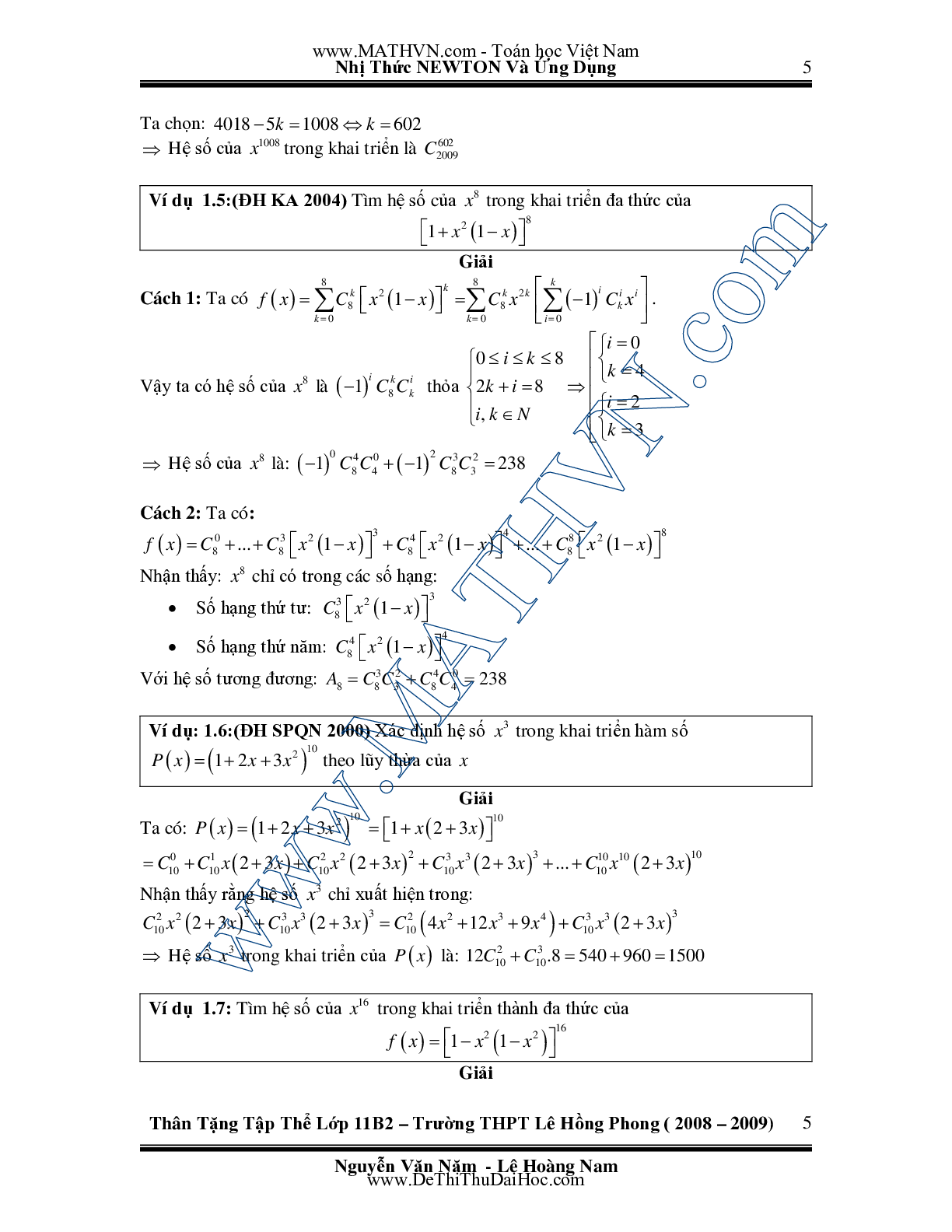 Chuyên đề Nhị thức Newton và ứng dụng môn Toán lớp 11 (trang 5)