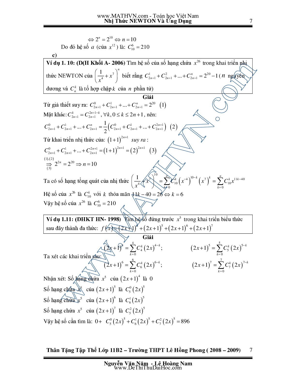 Chuyên đề Nhị thức Newton và ứng dụng môn Toán lớp 11 (trang 7)