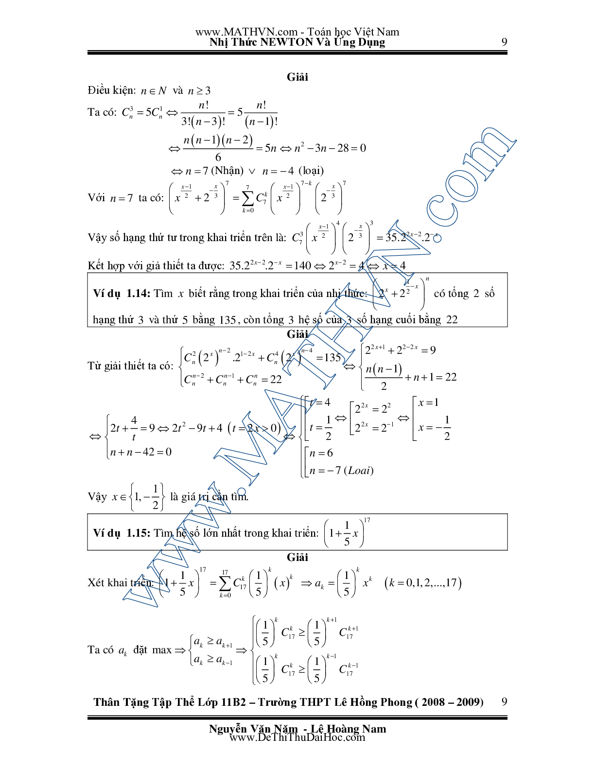 Chuyên đề Nhị thức Newton và ứng dụng môn Toán lớp 11 (trang 9)